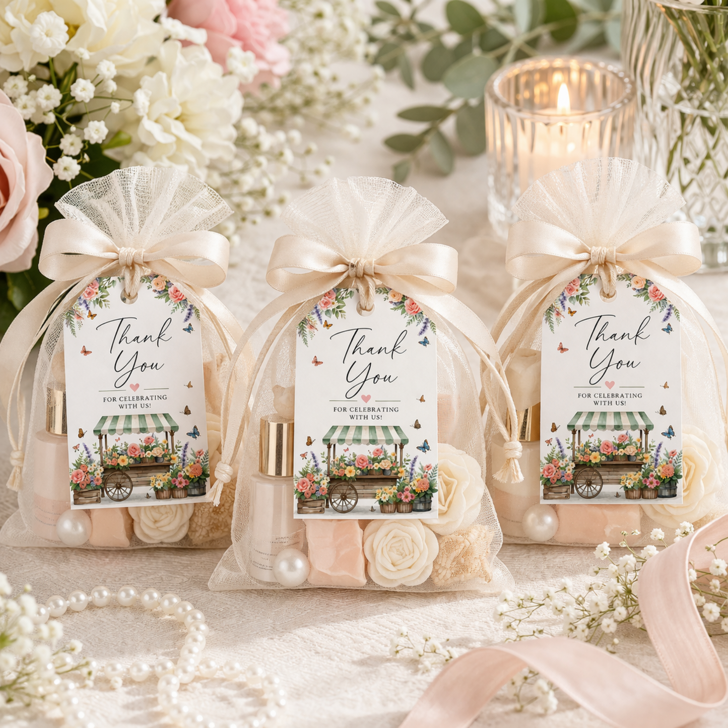 Market cart floral bridal shower favor tags template editable in canva instant download 