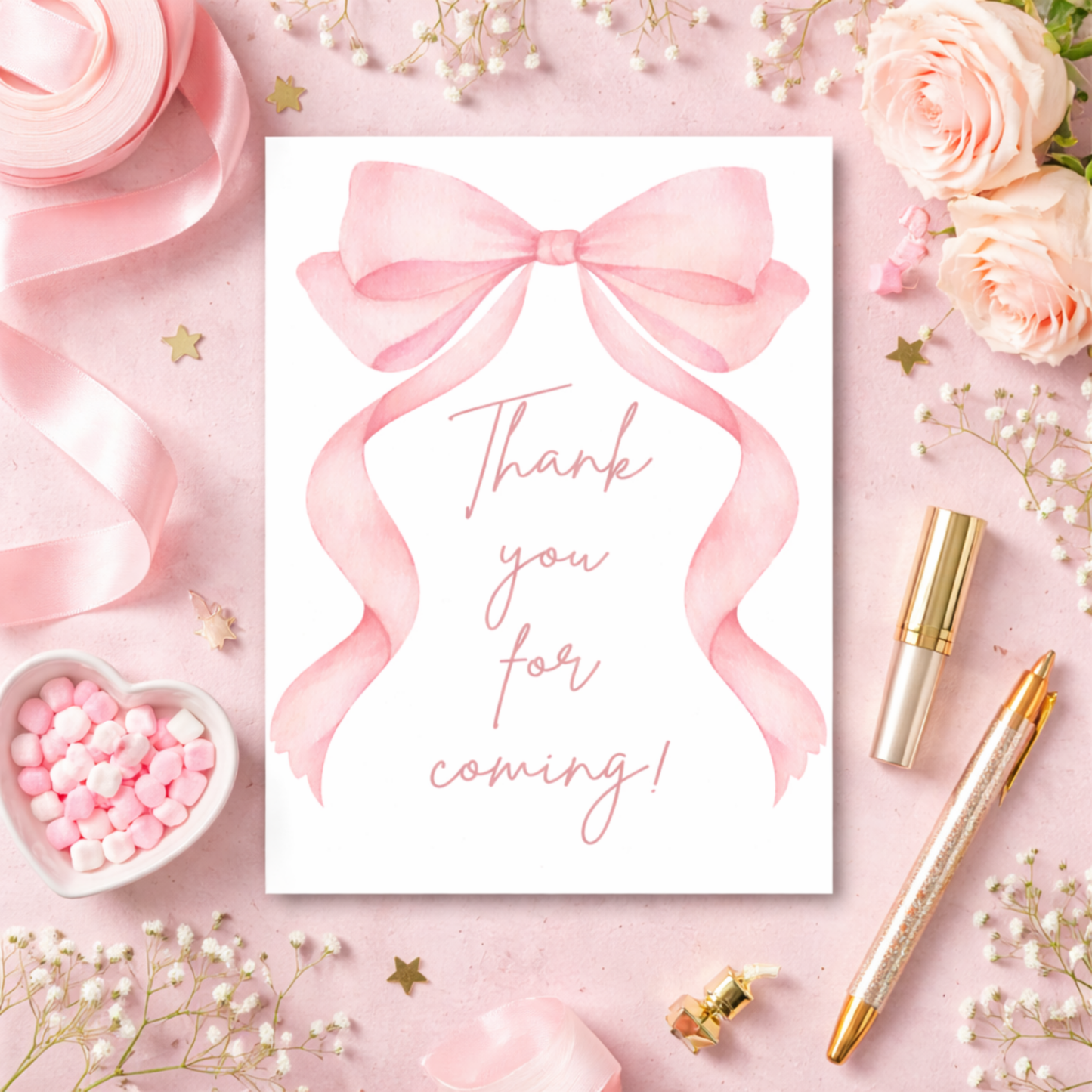 Greeting card with pink bow and 'Thank you for coming!' text on a decorative background with flowers and ribbons.