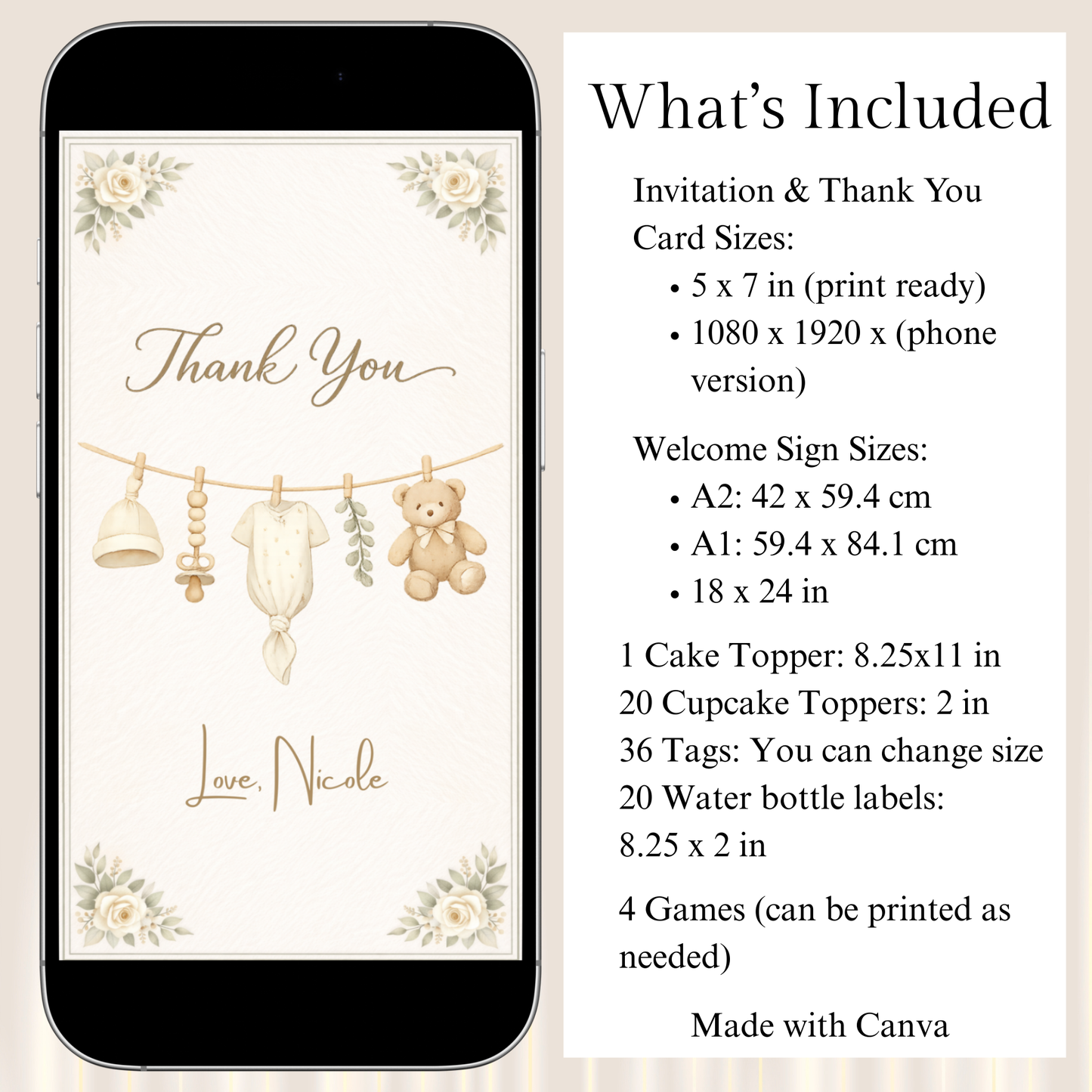 Vintage Baby Shower Invitation Bundle | Neutral Clothesline Baby Shower Invite Editable Bundle Kit