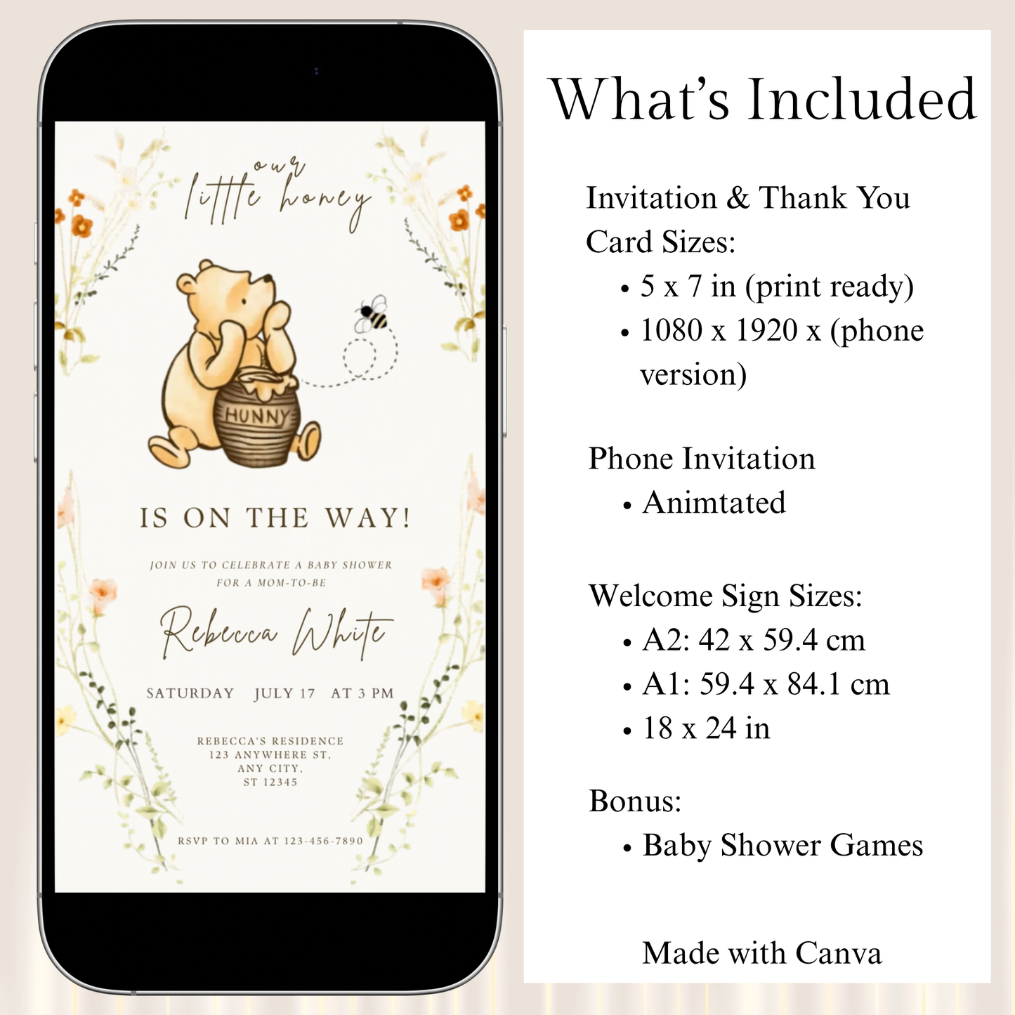Baby shower invitation with animated phone version on a smartphone screen, accompanied by text detailing included items.