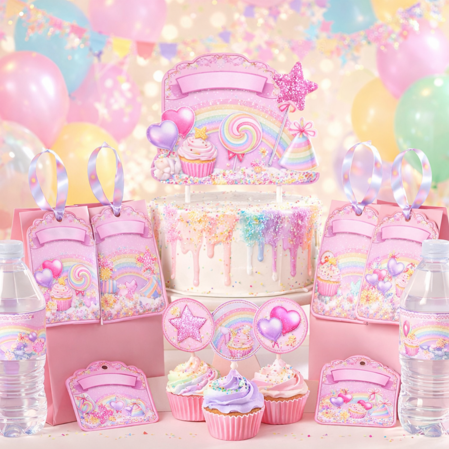 SIX Birthday Party Bundle | Sequin Glitter Pink Rainbow | Complete Editable Kit | Girls 6th Birthday