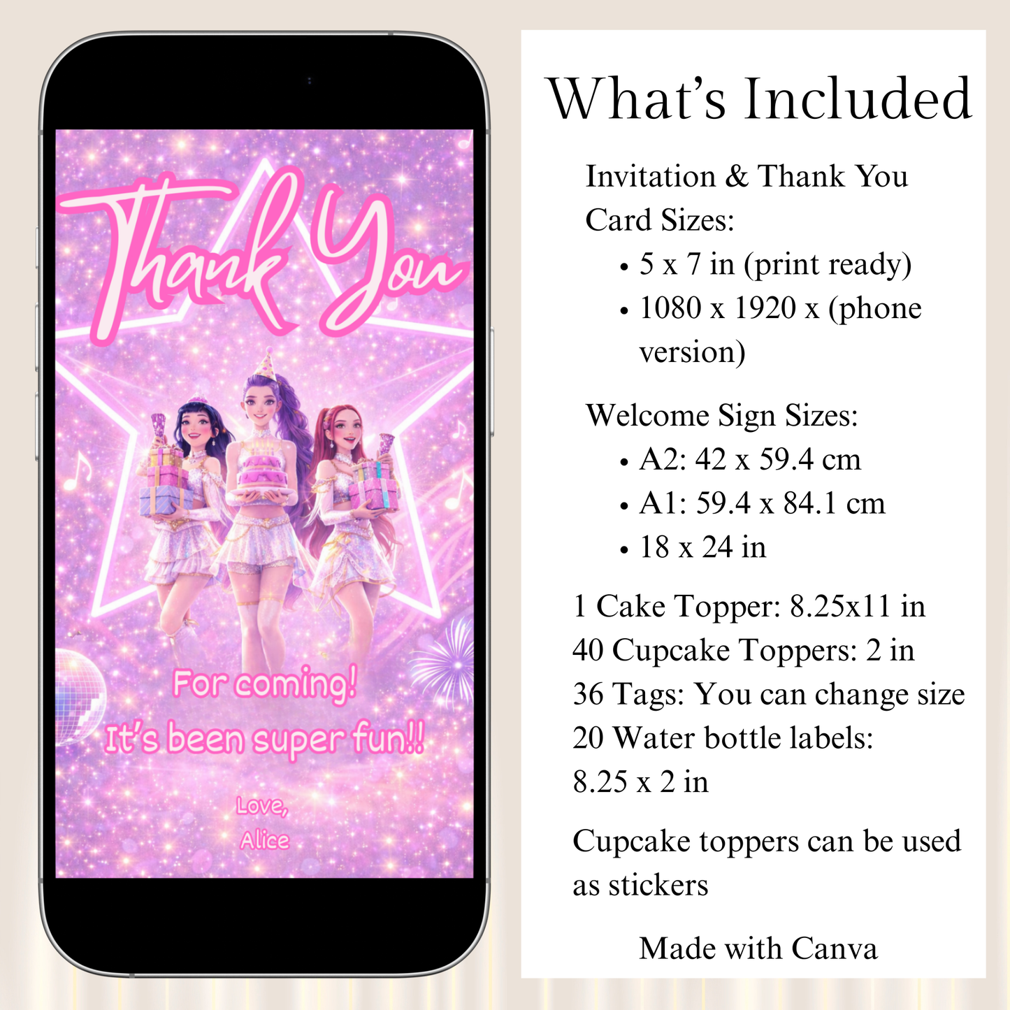 K-pop Anime Birthday Party Bundle | Editable Girl's Birthday Invitation Set | Complete Party Printable Template Kit Editable Kit