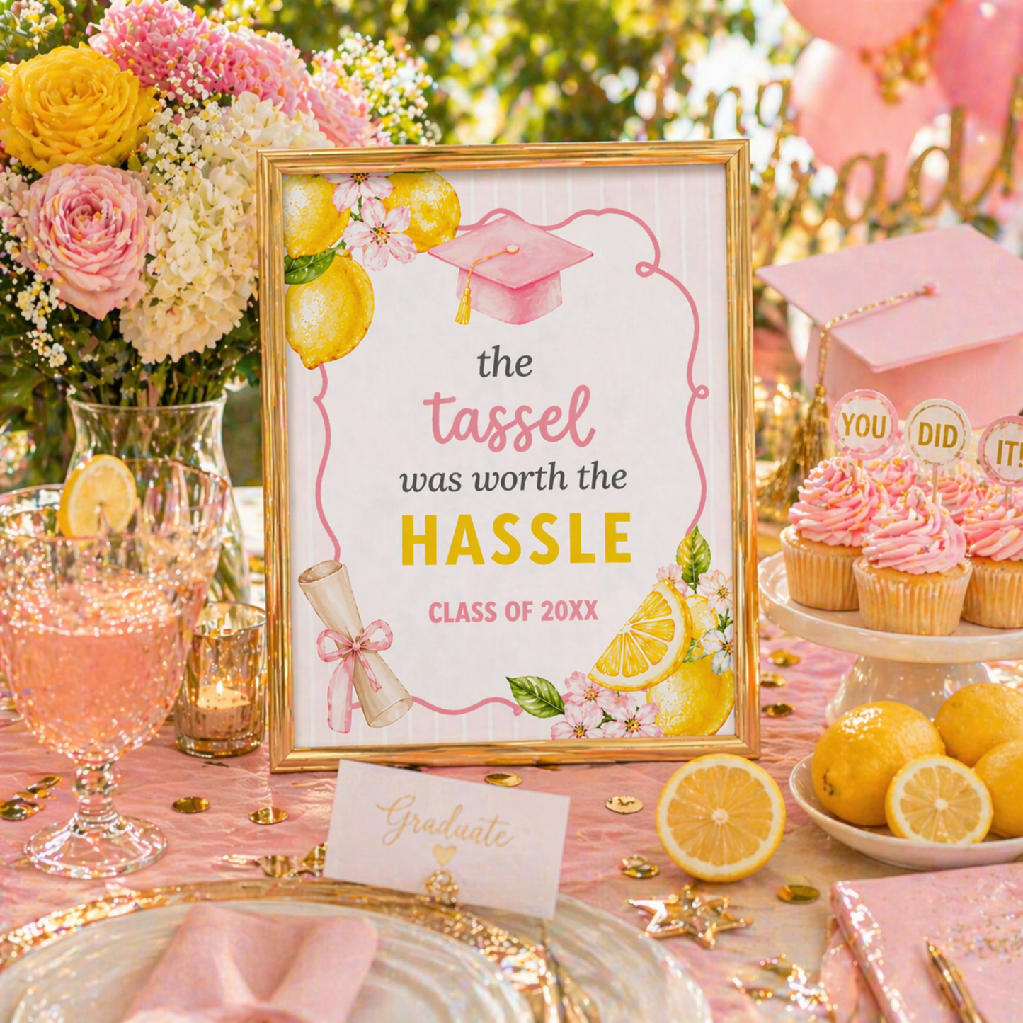 Graduation-themed table setting with 'the tassel was worth the hassle' sign, flowers, and cupcakes.