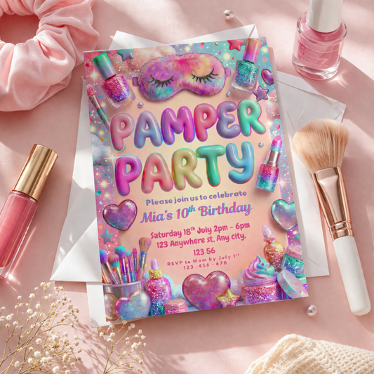 Pamper party girls party birthday invitation template editable in canva digital invite instant download 