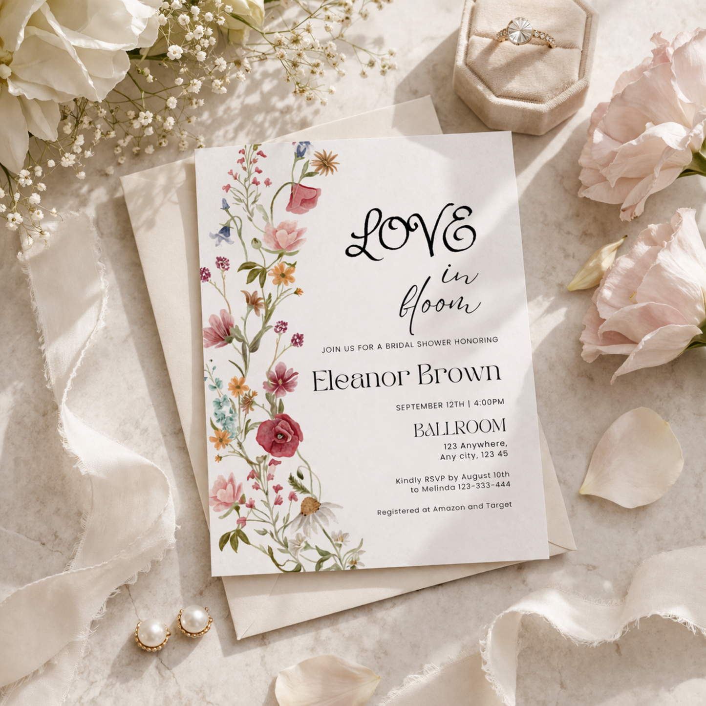 Floral bridal shower invitation template instant download editable in canva 