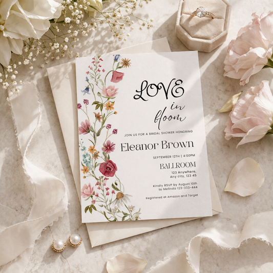 Floral bridal shower invitation template instant download editable in canva 