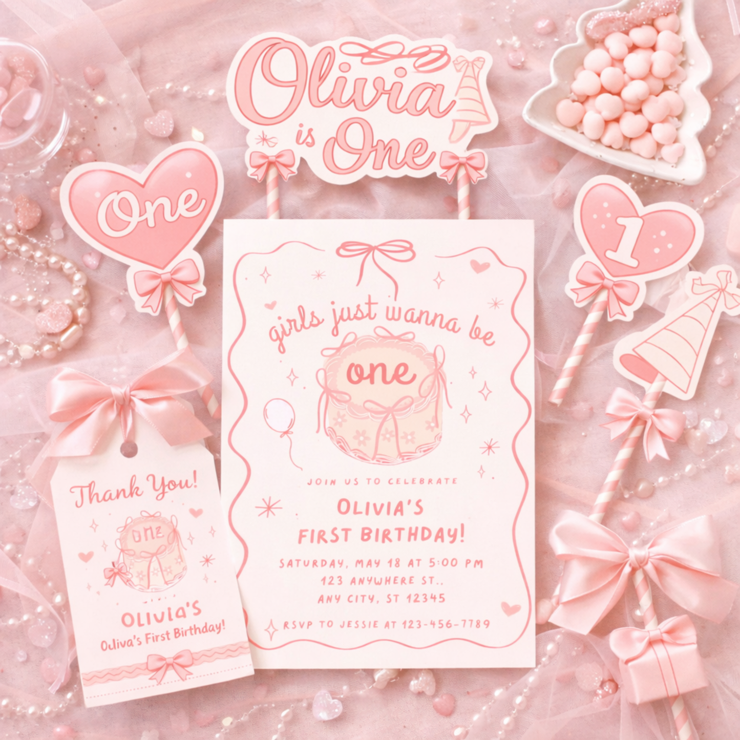 Pink birthday invitation with decorations on a matching background