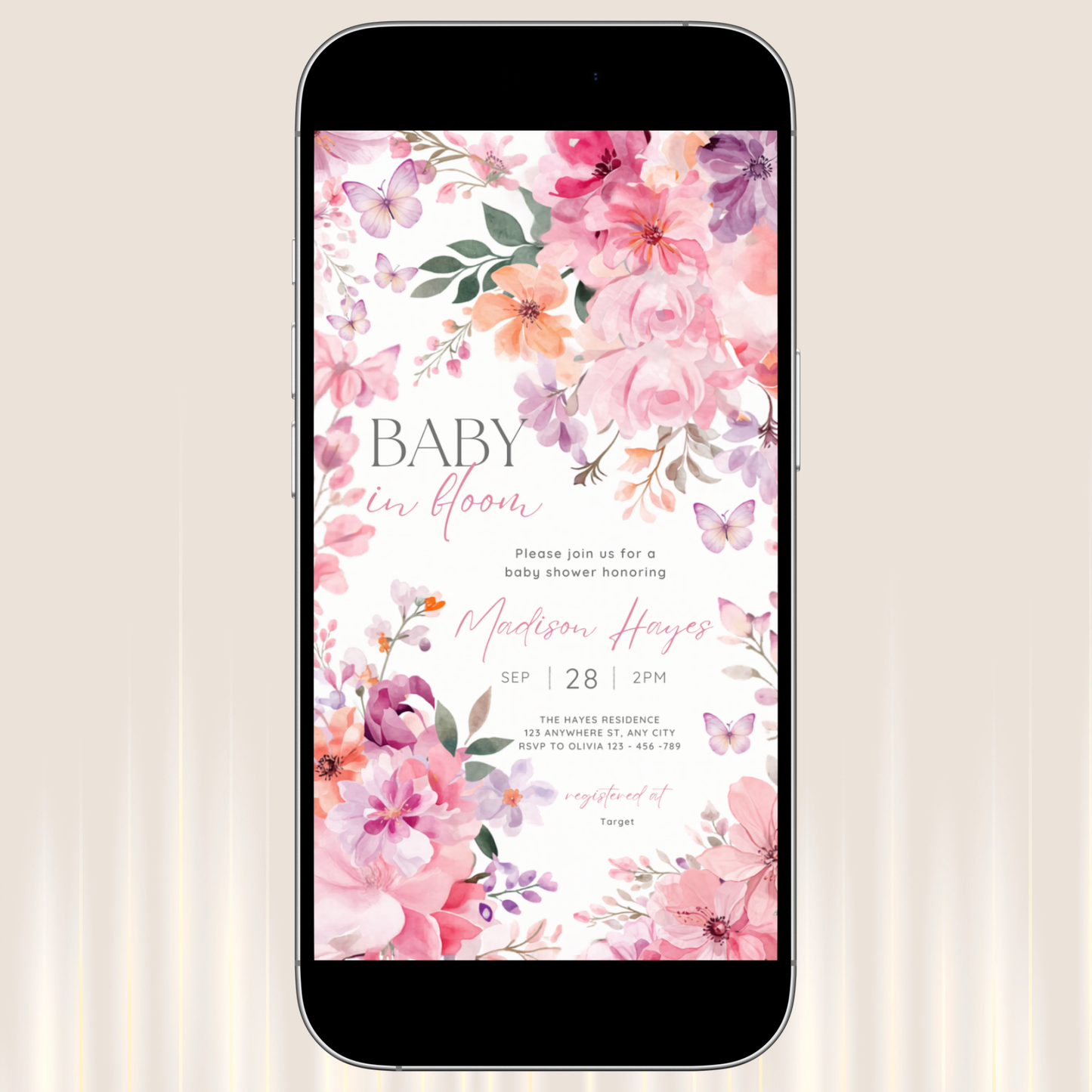 editable pink baby shower digital invitation templated edit in canva watercolor floral invite  