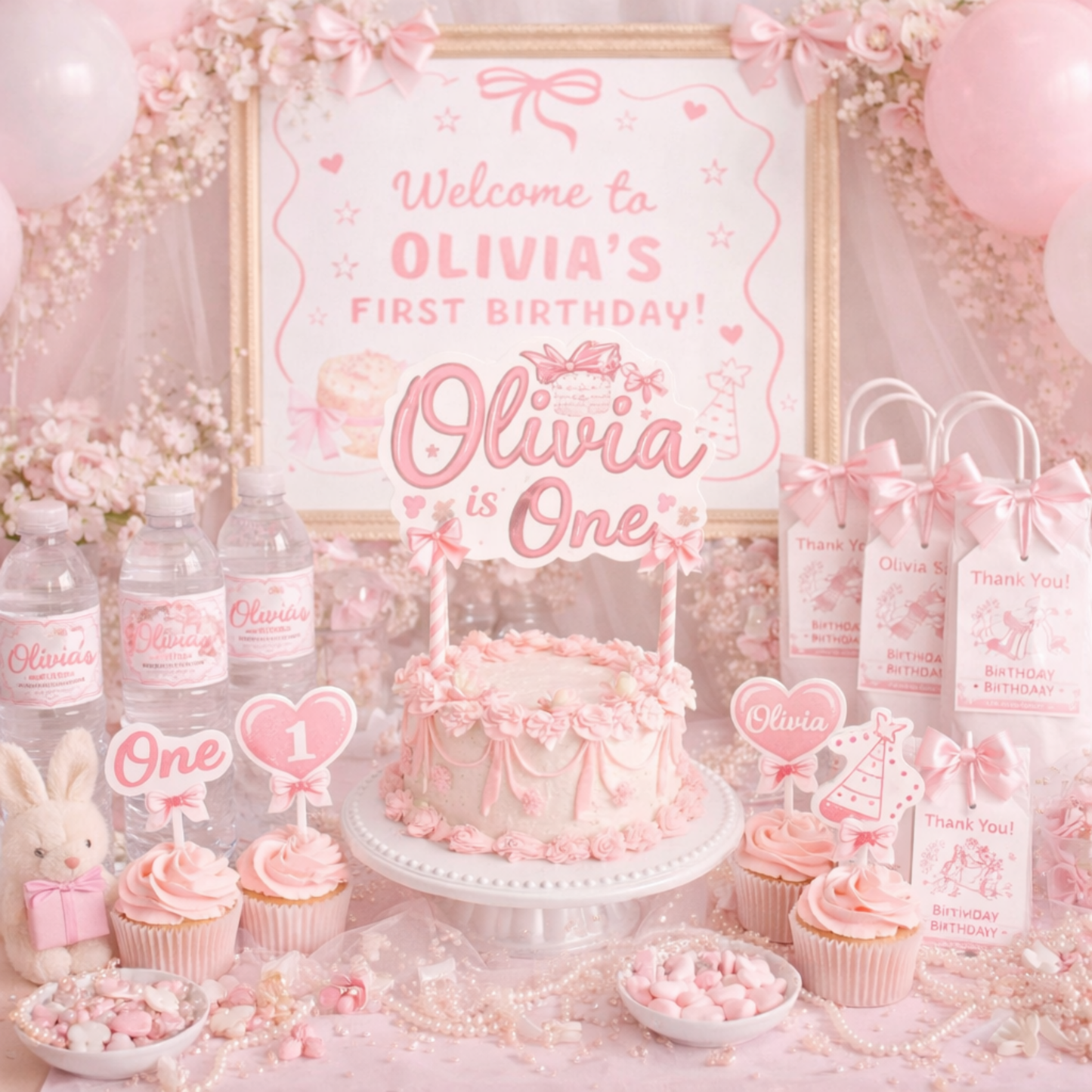Pink-themed first birthday party setup with cake, cupcakes, and decorations.