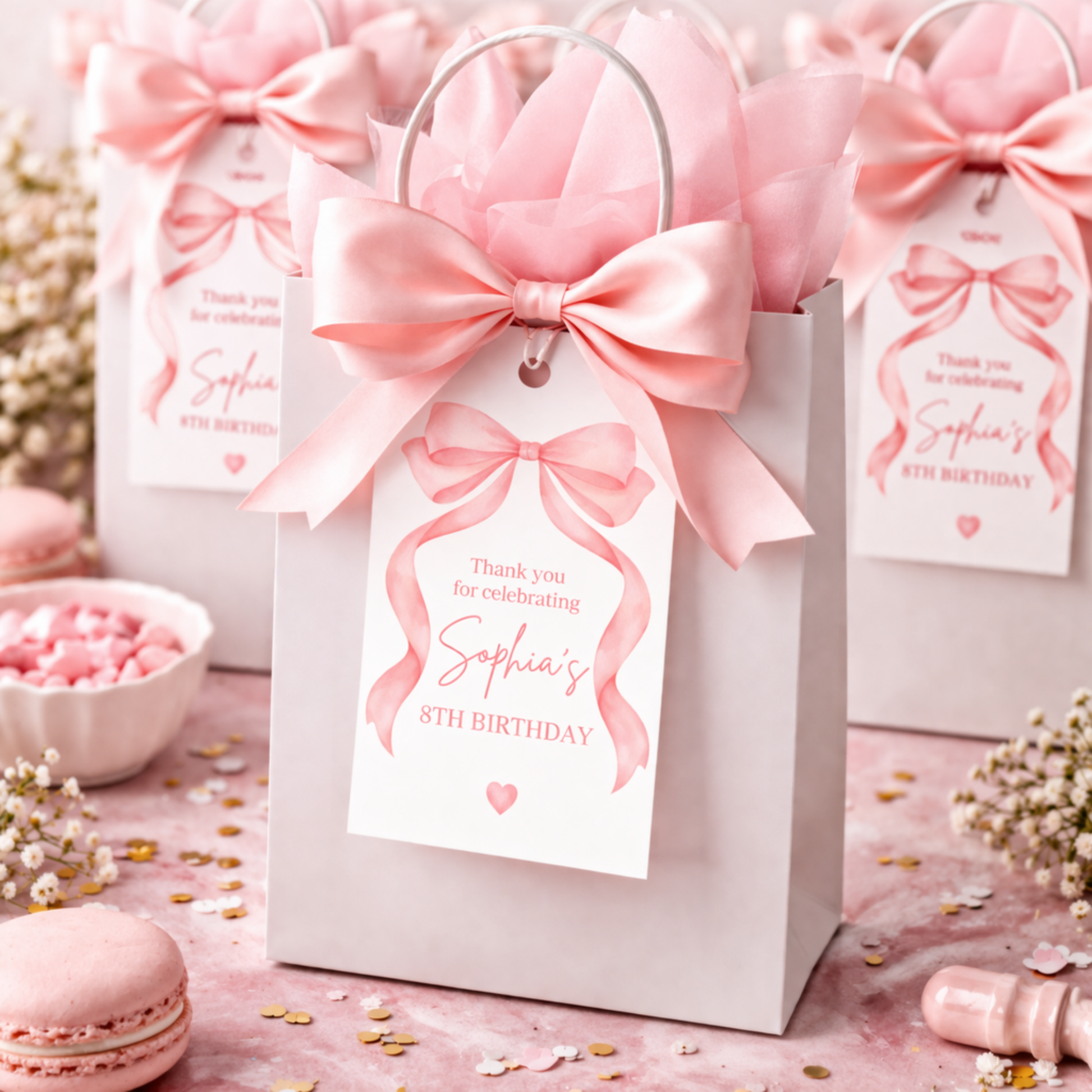 Gift bag with pink bow and personalized tag on a celebratory background