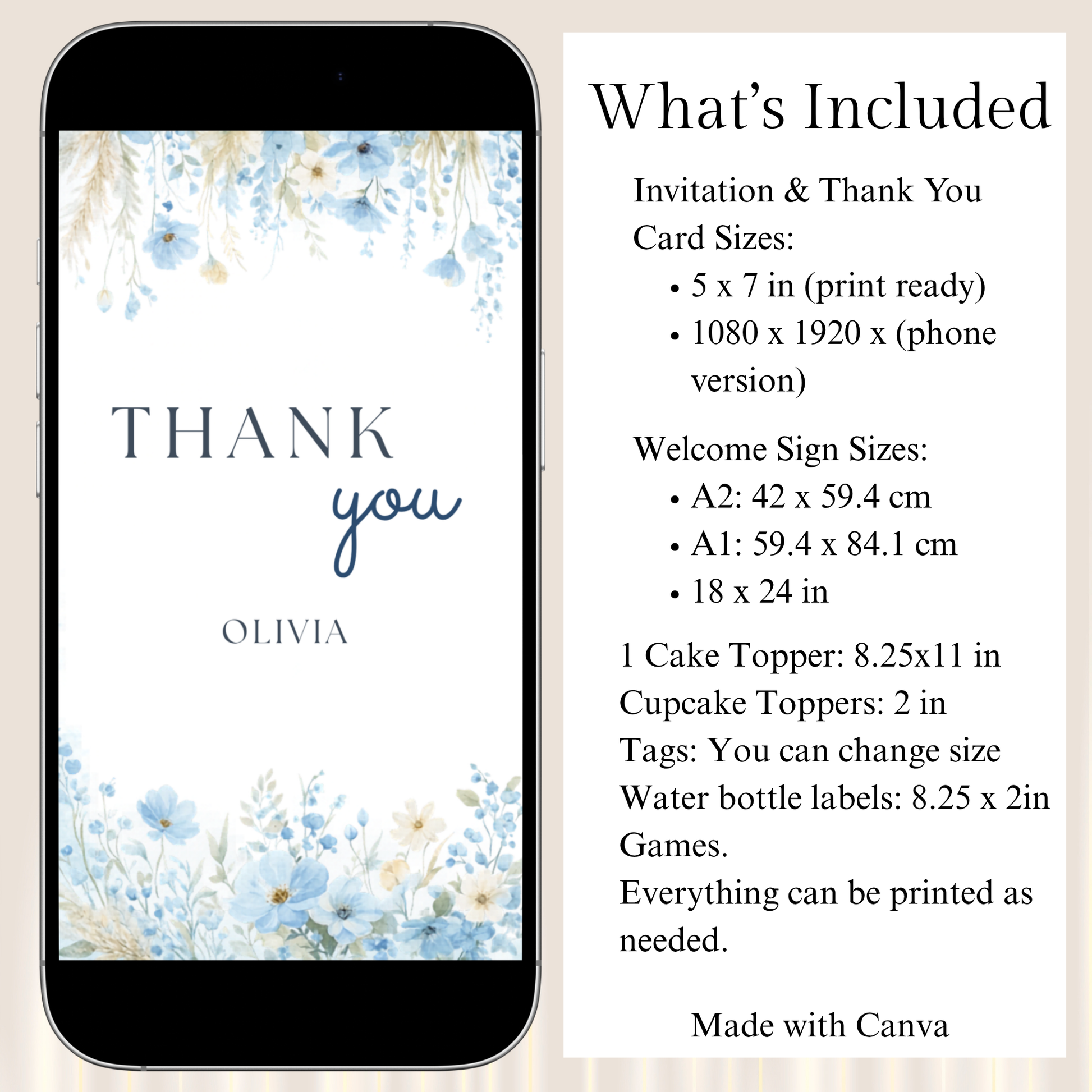 Phone screen displaying a 'Thank you' card with floral design and text, alongside product details on a beige background.