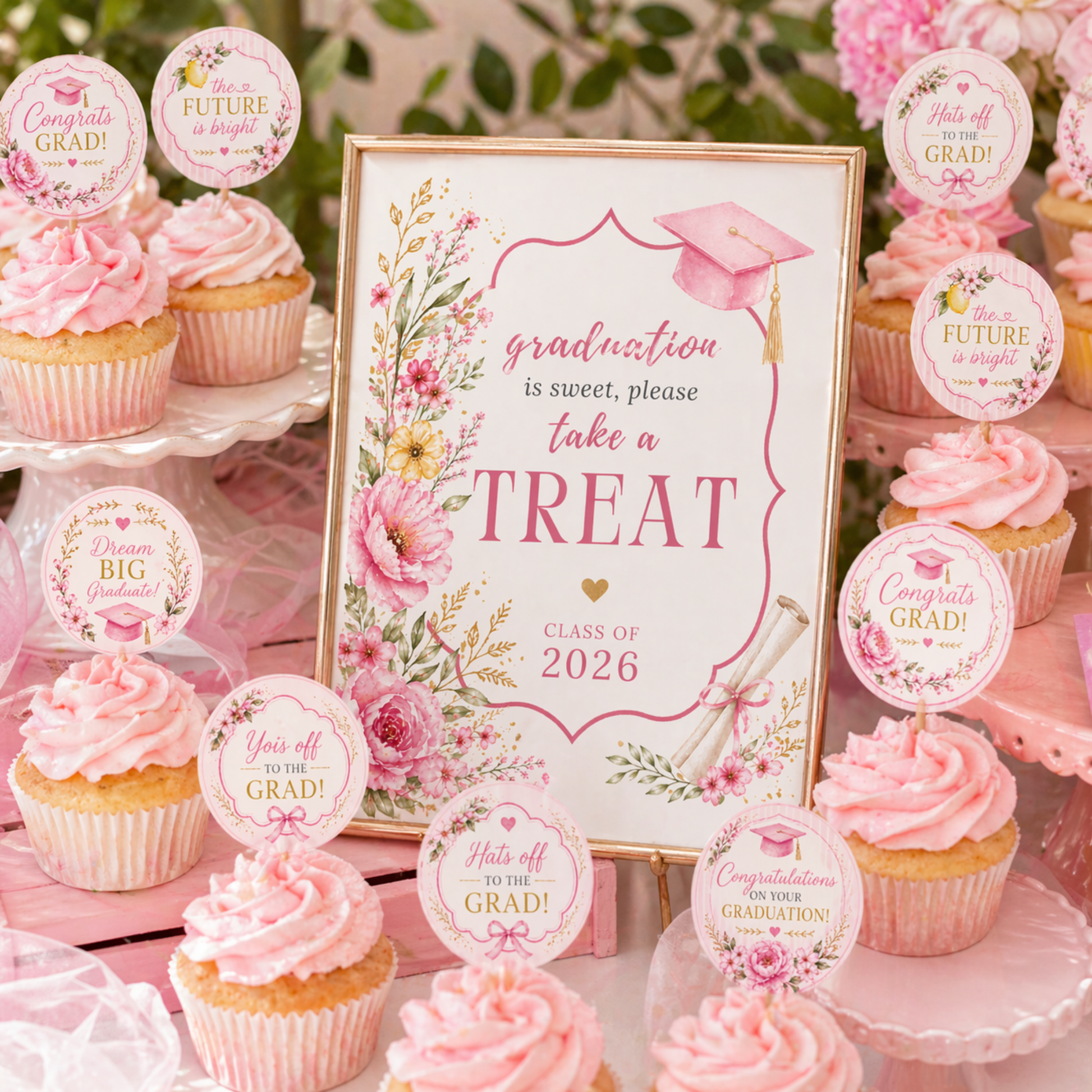 Graduation-themed dessert table with pink cupcakes and decorative signs.