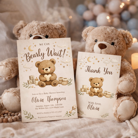 Bearly Wait Baby Shower Invitation Bundle | Teddy Bear Baby Shower Invite Editable Bundle Kit