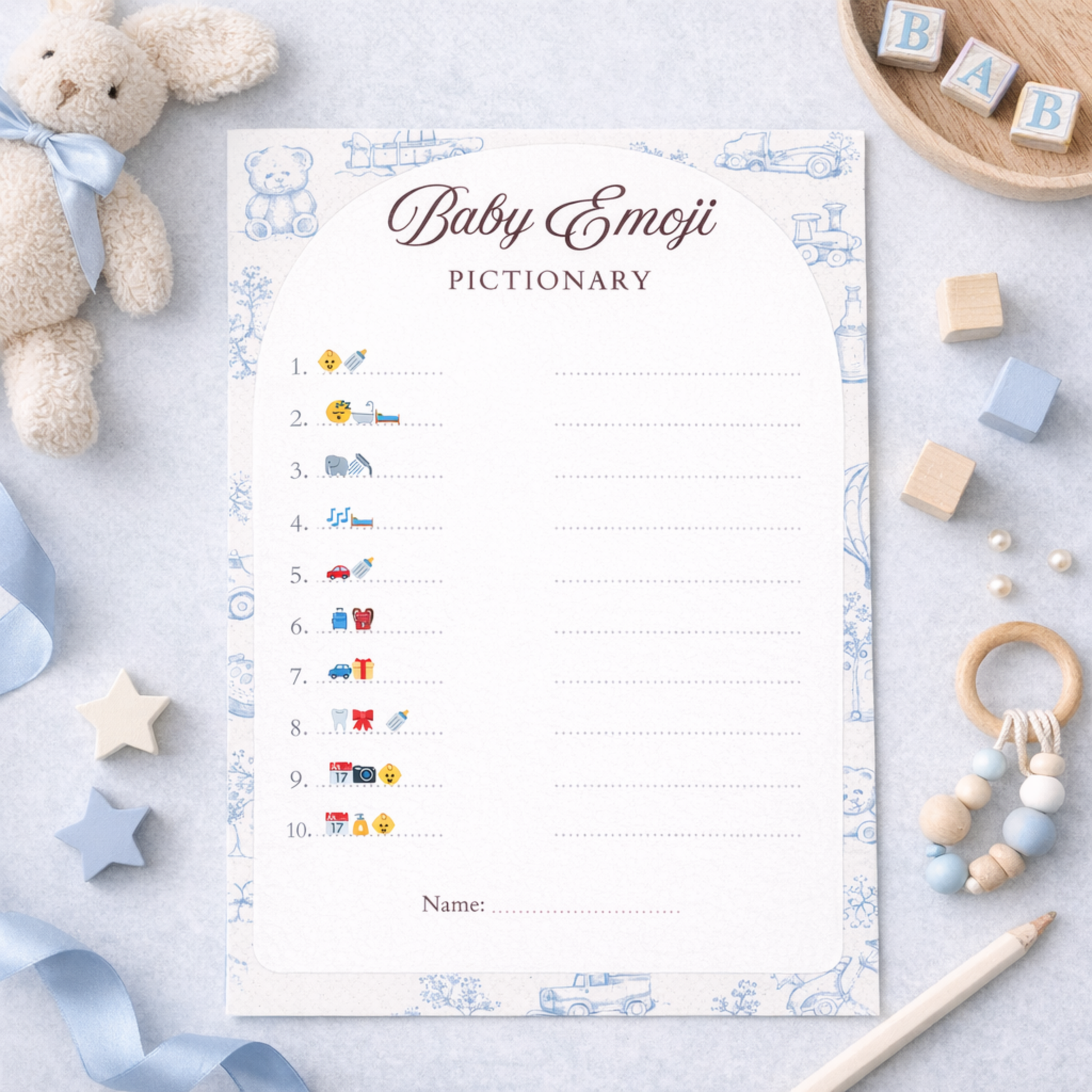 Baby shower games 'baby emoji pictionary' game sheet editable template in canva 