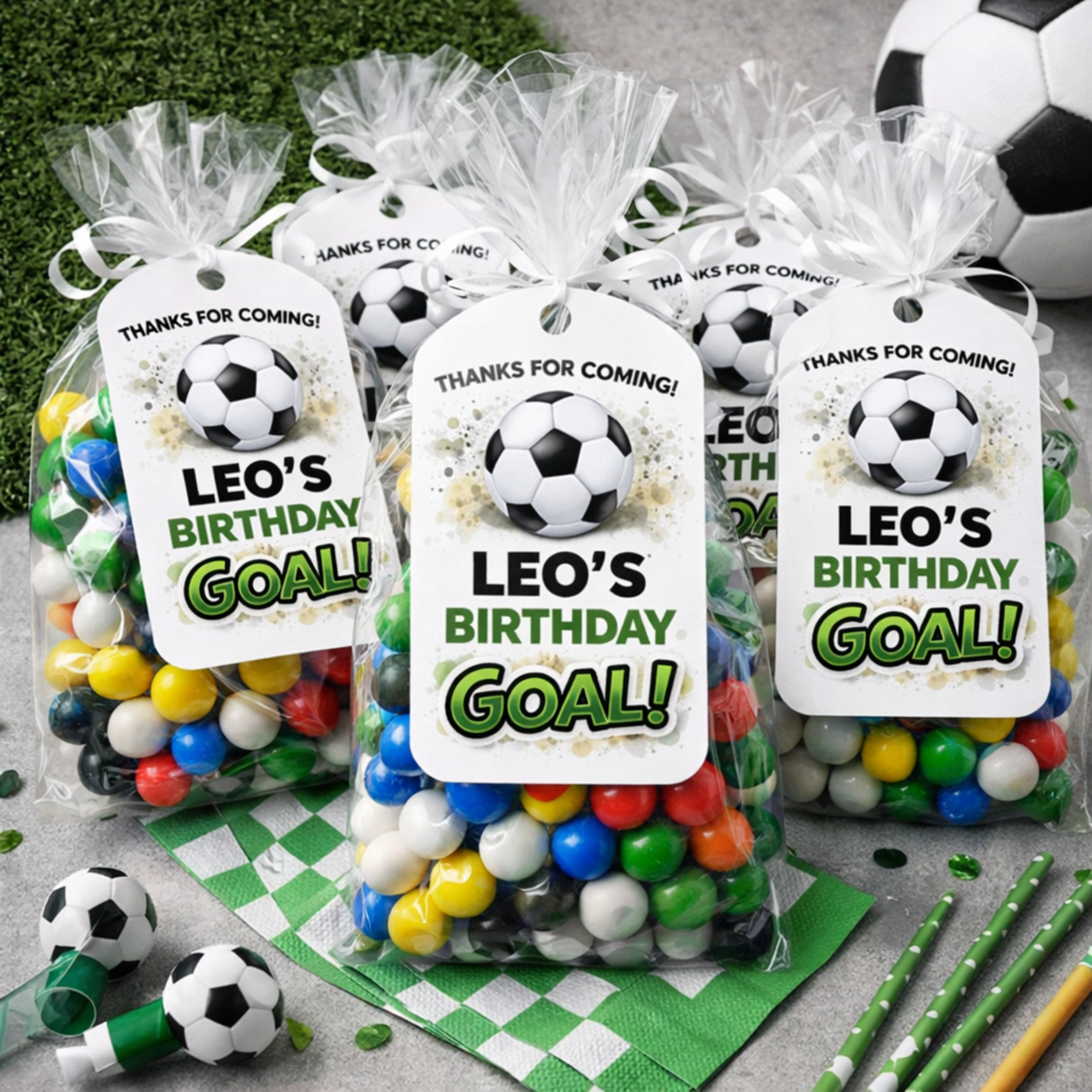 Soccer-themed birthday party favors with personalized tags on a checkered tablecloth.