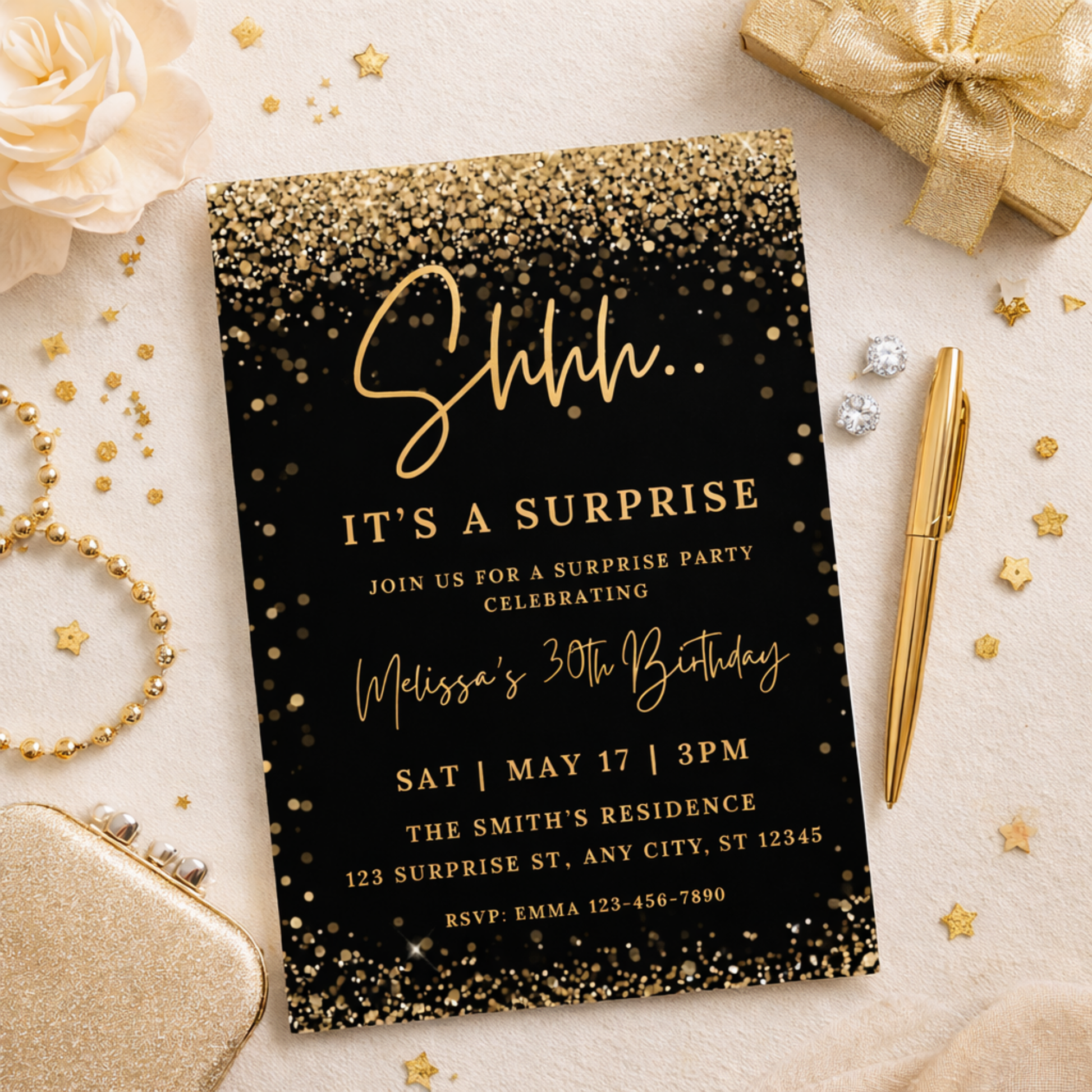 Black and gold birthday invitation with decorative elements on a light surface