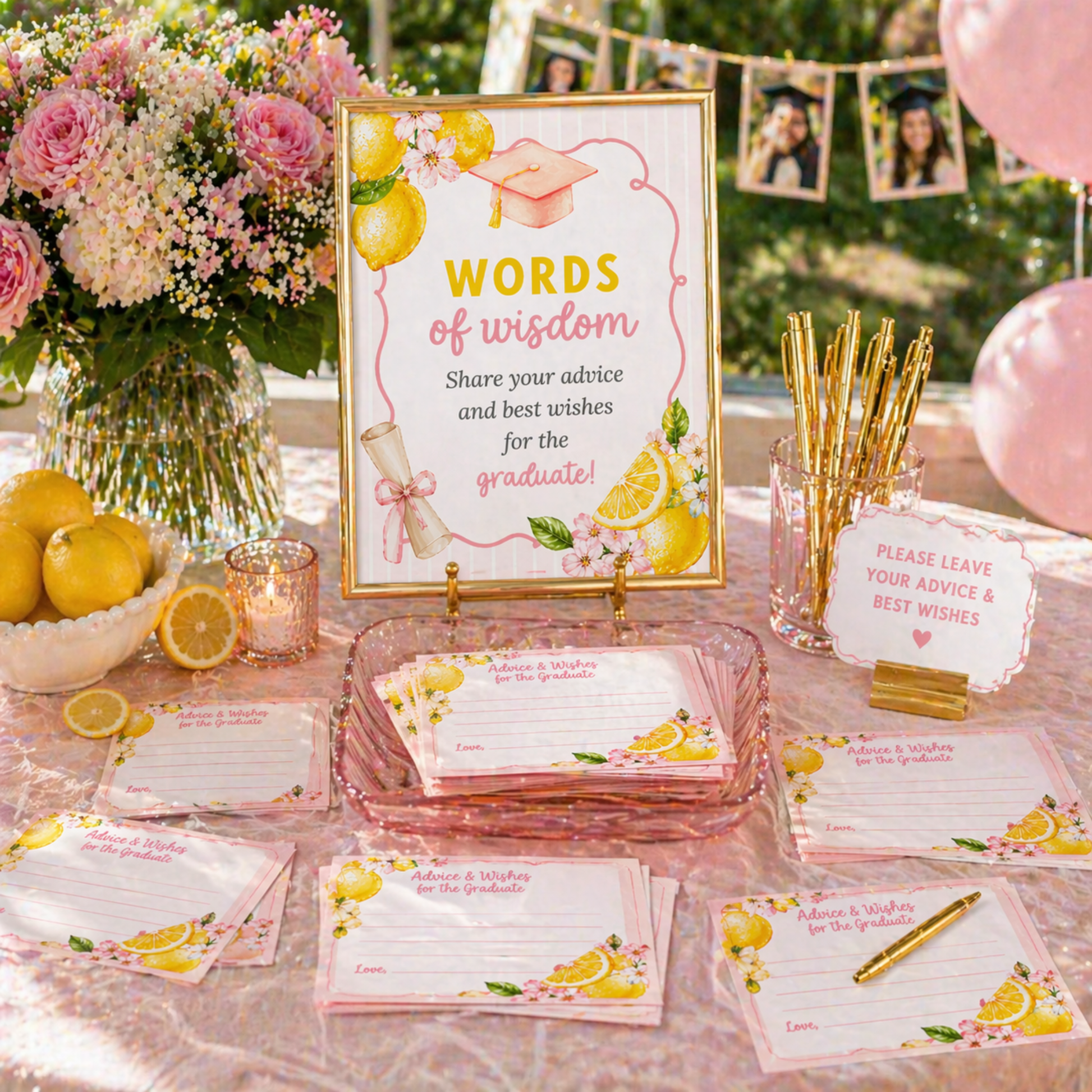 Graduation-themed table setup with 'Words of Wisdom' sign, balloons, and decorative items.