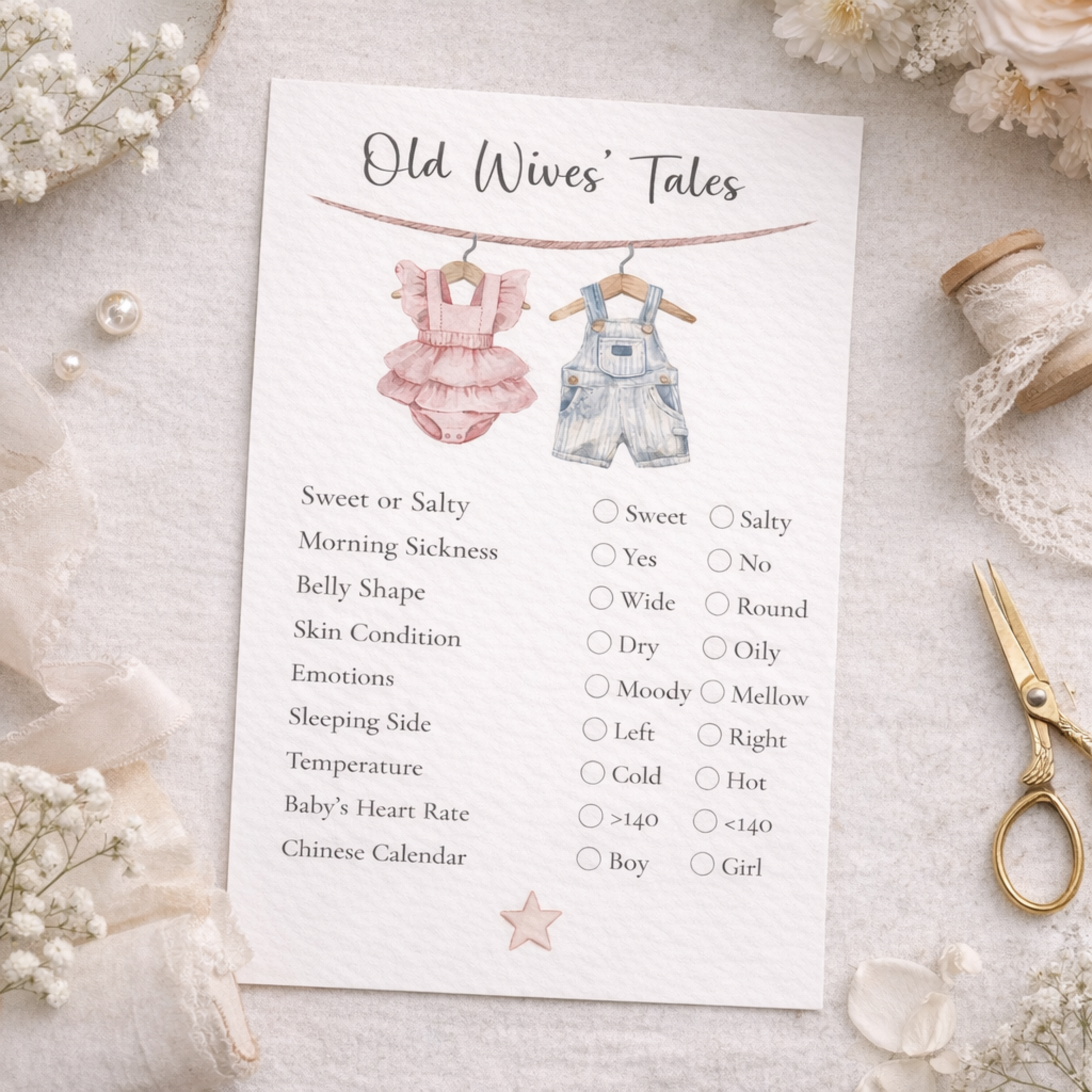 Baby Shower Games 'Old Wives' Tales' with baby clothing illustrations gender reveal gender neutral 