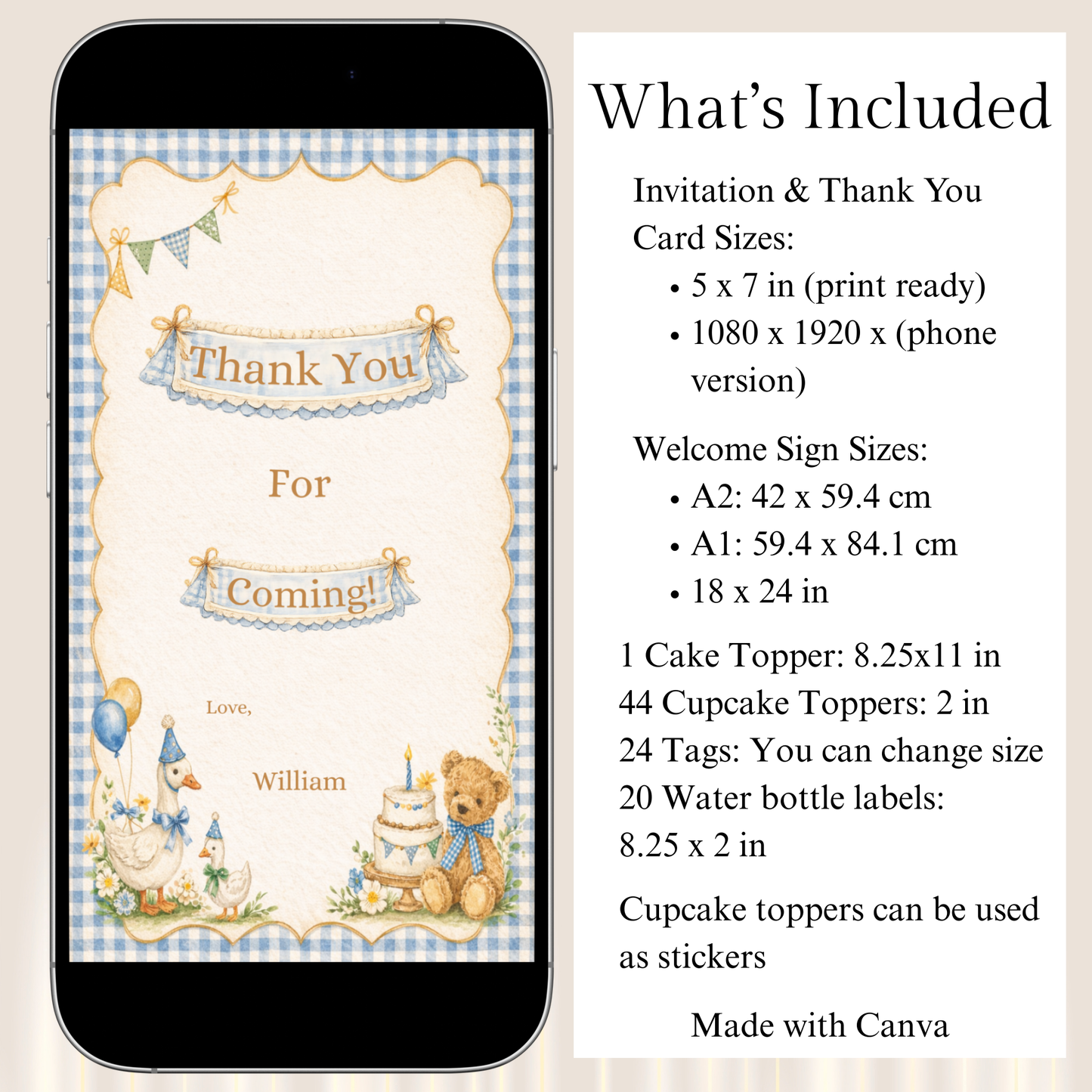 1st Birthday Boy Invitation Bundle | Vintage Blue Gingham Editable Party Kit