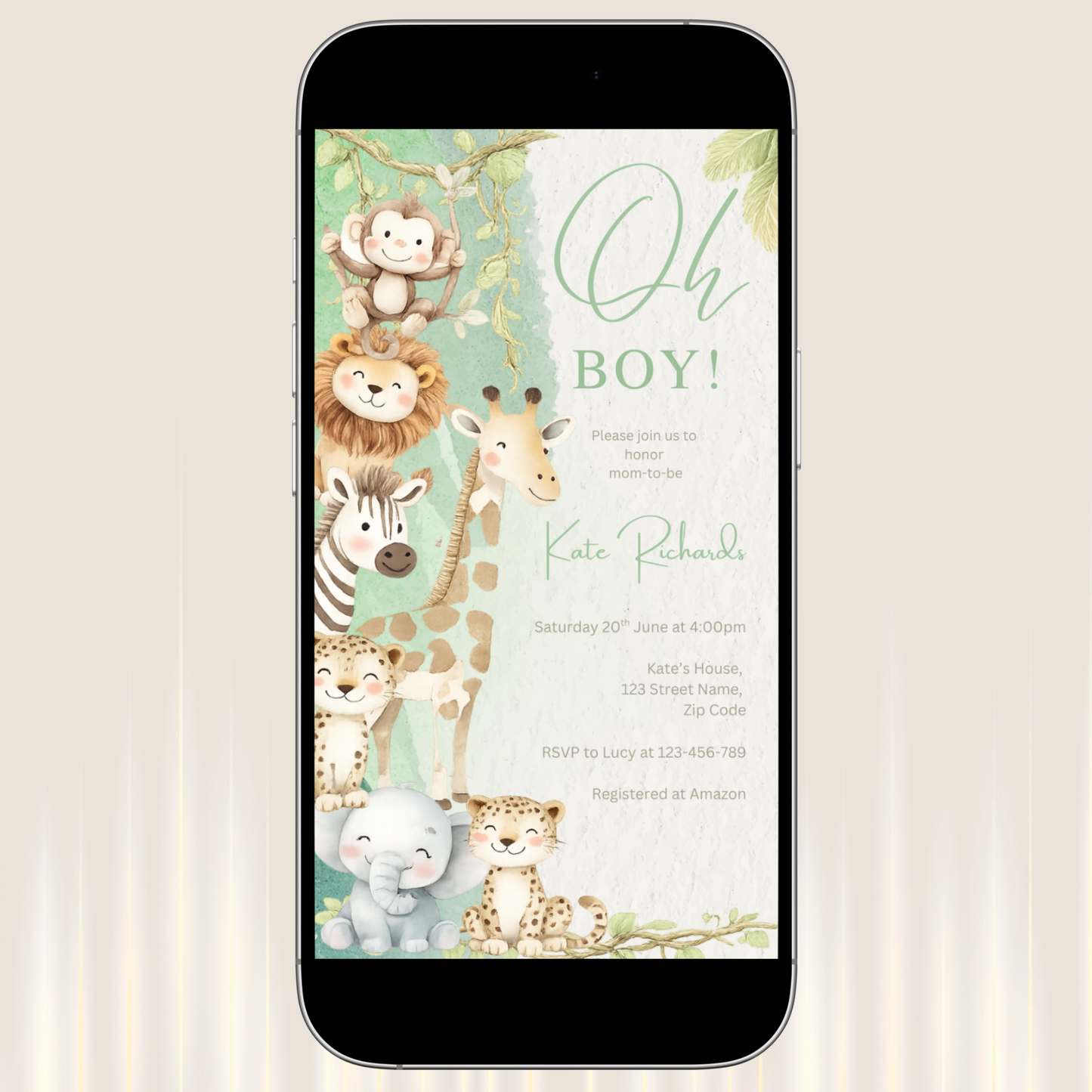 Safari  Baby Shower Invitation Template | Oh Boy Jungle Baby Boy Baby Shower Invite Editable Bundle Kit