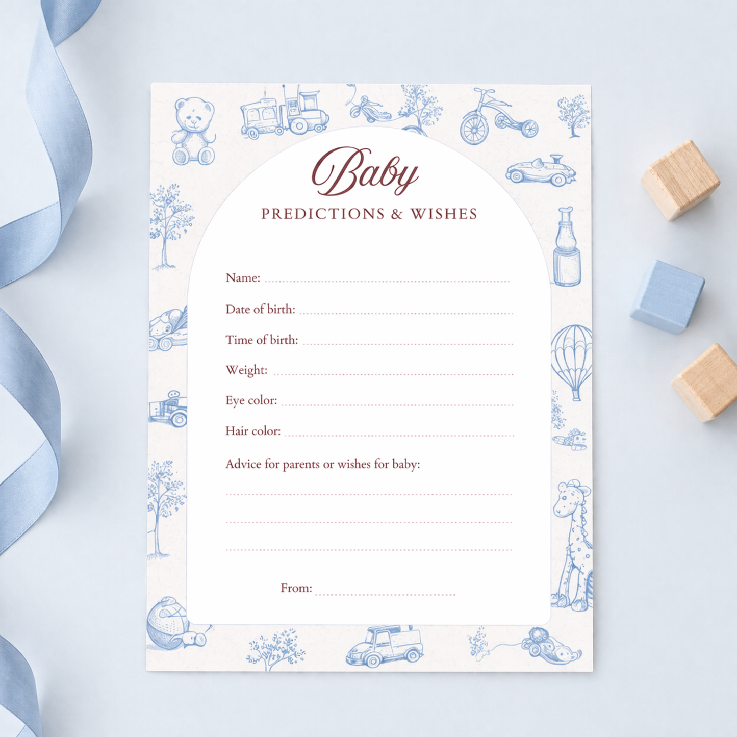 Blue Baby predictions and wishes game card with blue illustrations editable template in canva