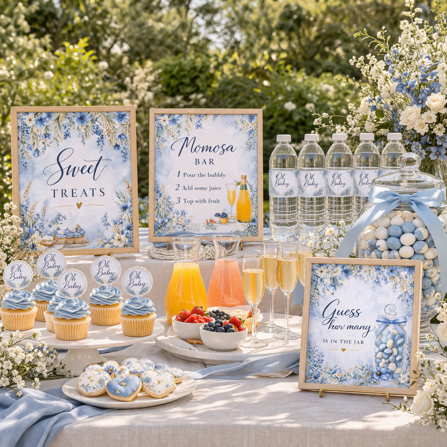 Decorative baby shower dessert table with floral signs and refreshments outdoors set up 