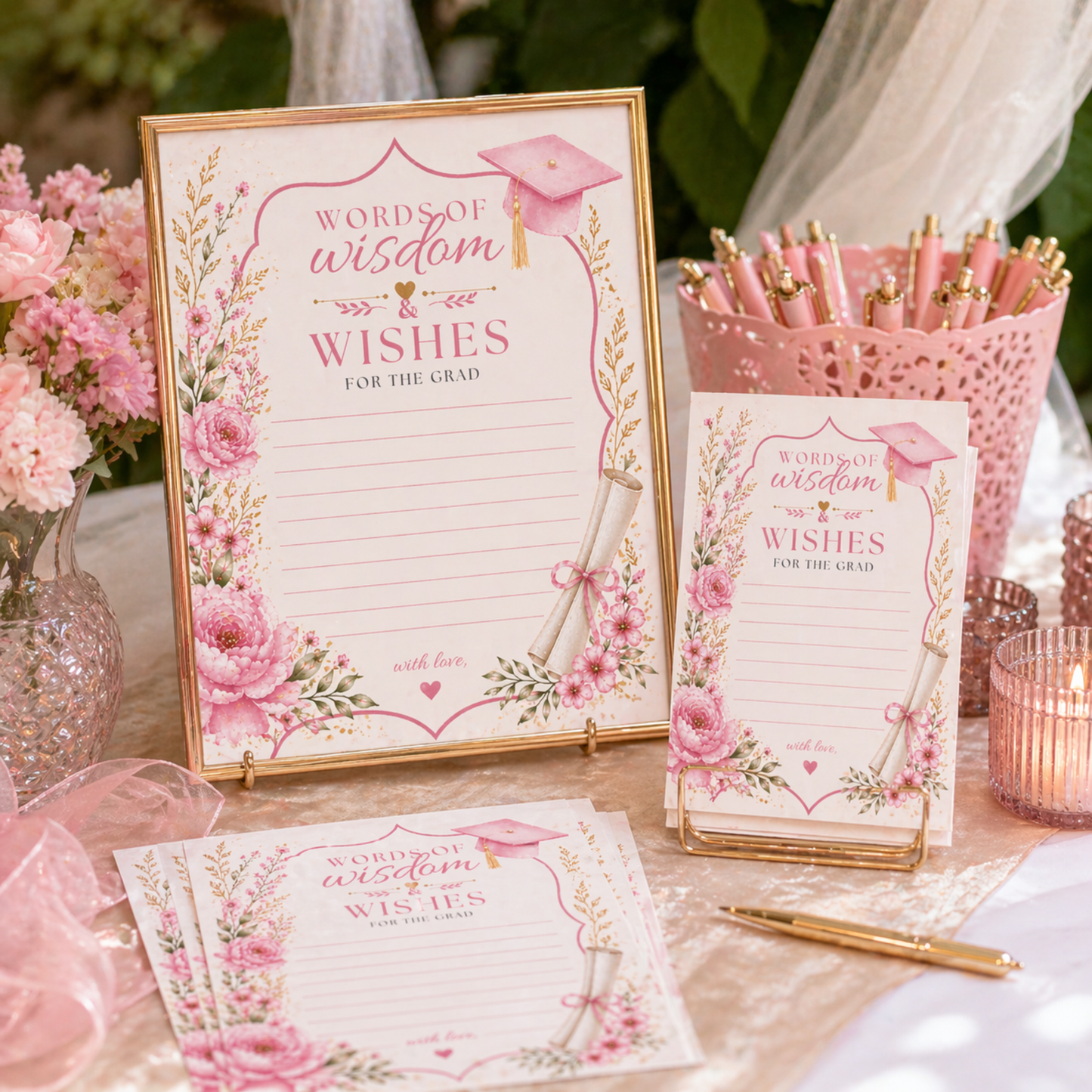 Graduation-themed stationery set with pink flowers and decorative elements on a table.