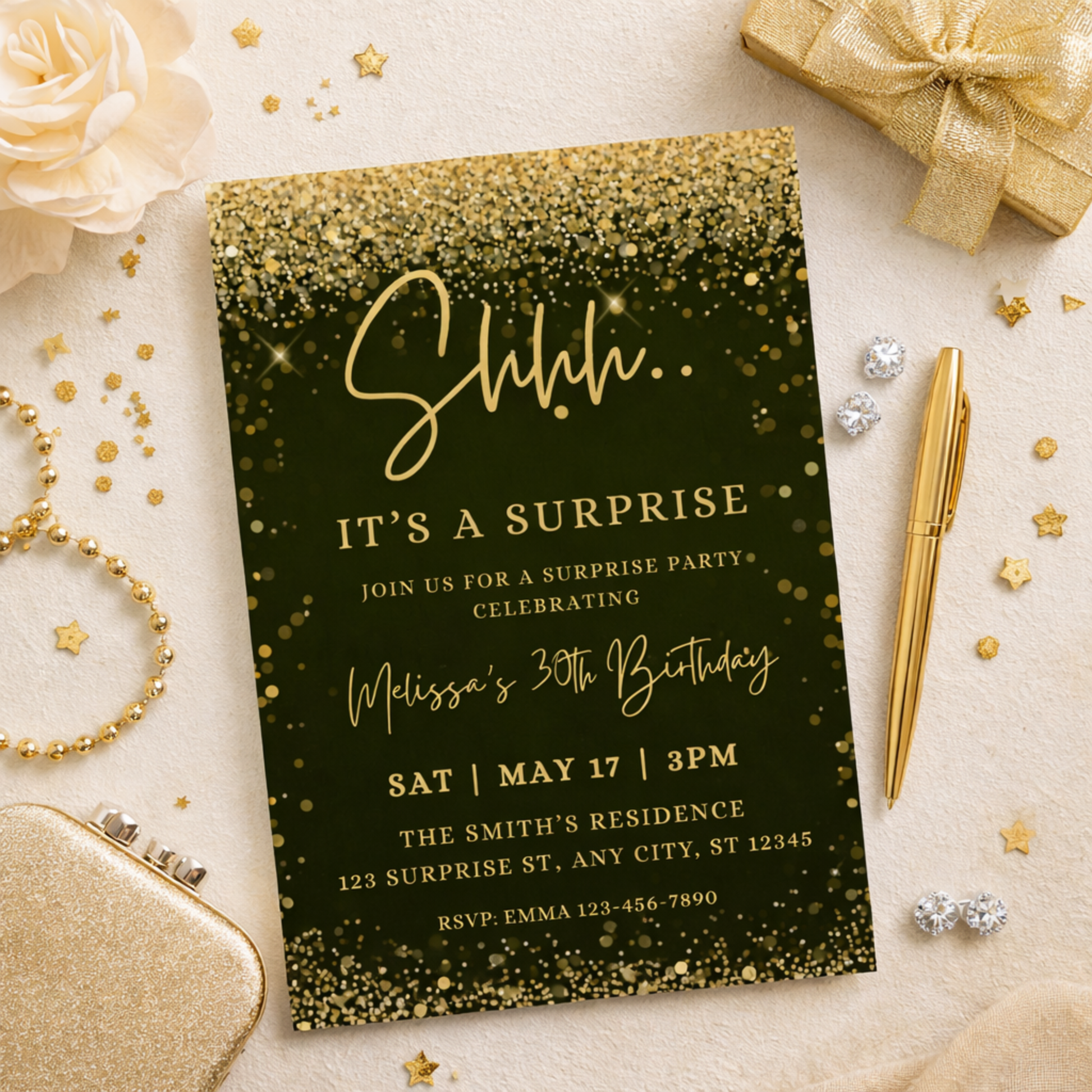 Surprise birthday party invitation with gold glitter on a decorative background