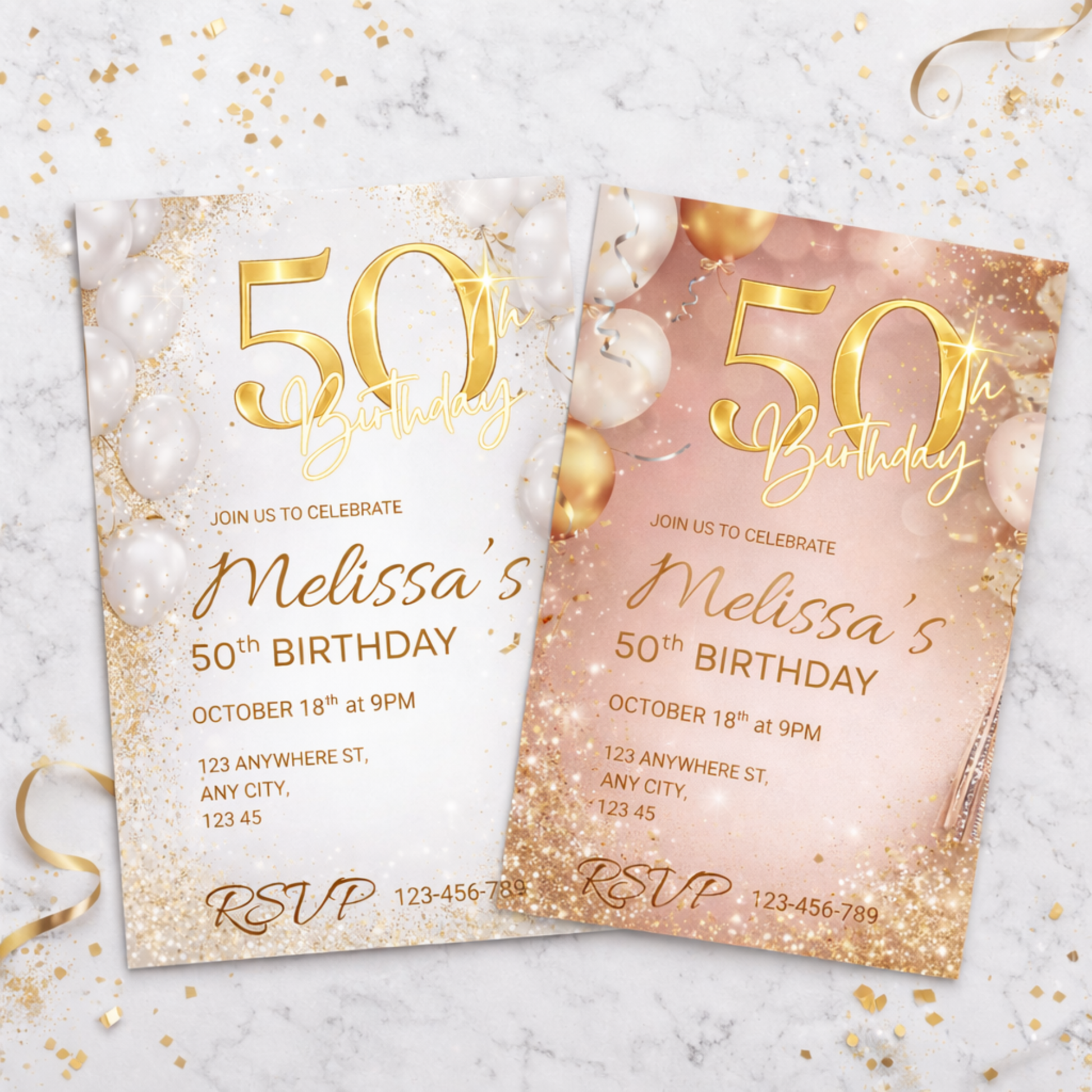 Two 50th birthday invitations with gold and rose gold design on a marble surface.