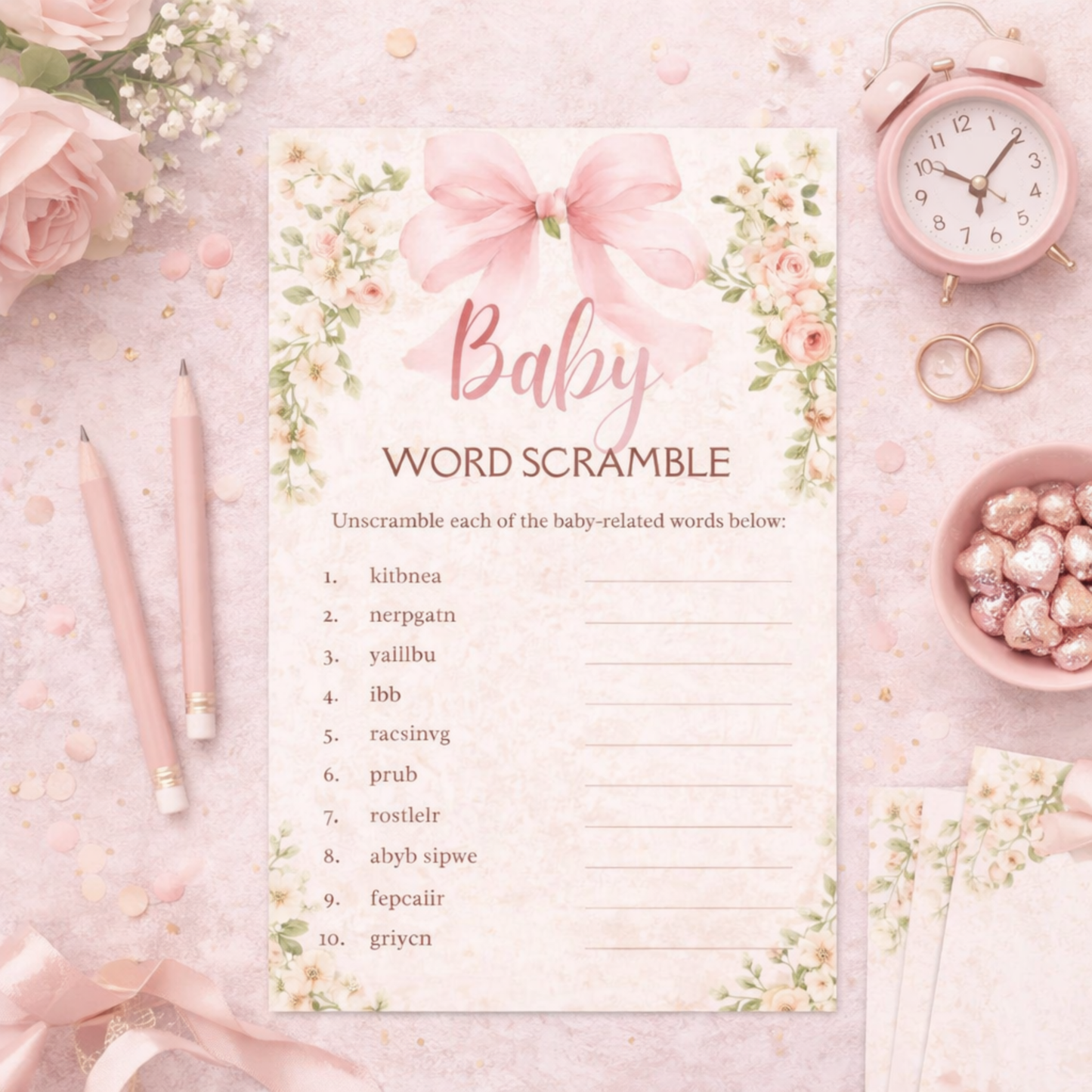Baby Girl Shower Invitation Template | Pink Bow Floral Baby Shower Invite Editable Bundle Kit
