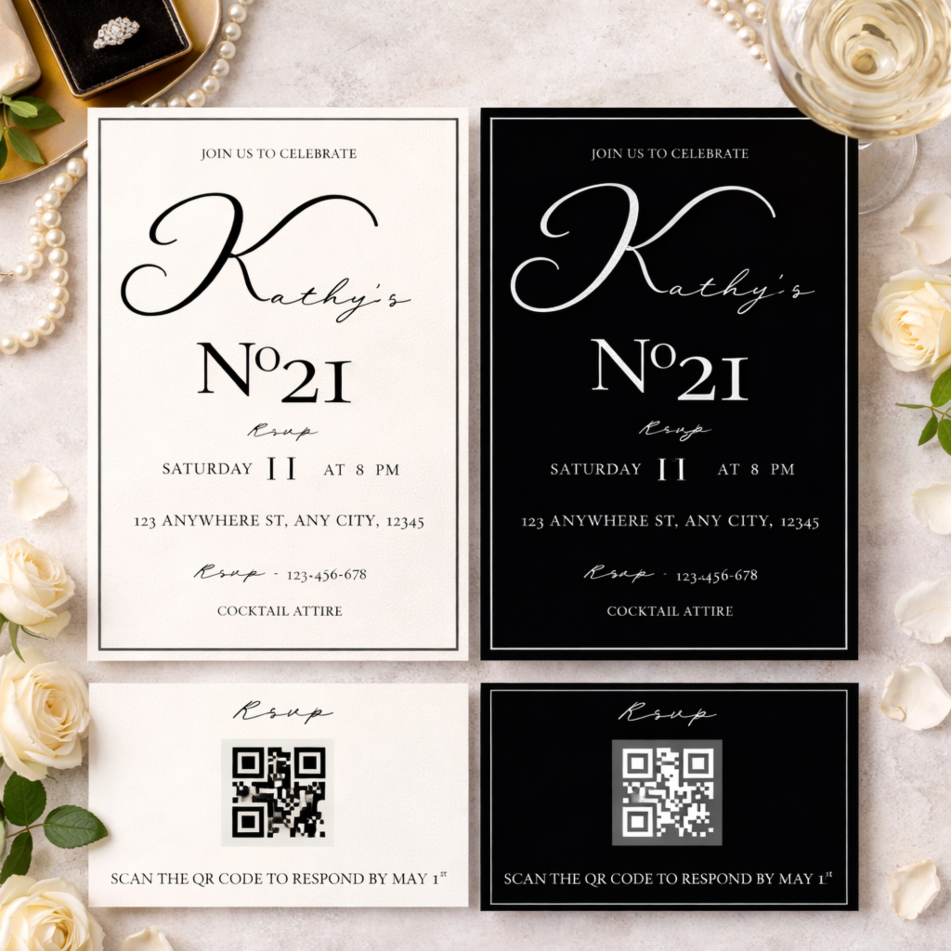 Two black and white invitations for a 21st birthday party with QR codes on a decorative background.