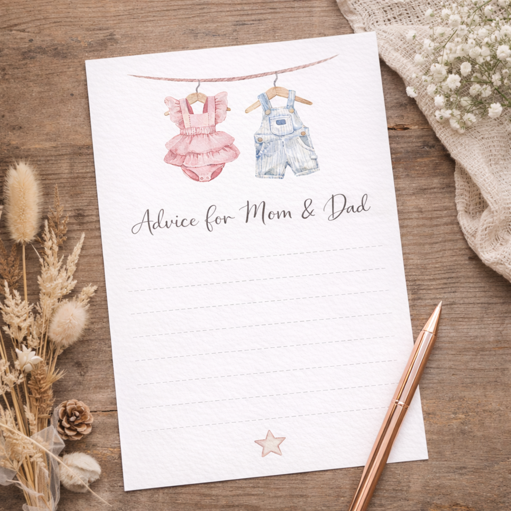 Baby shower games 'Advice for Mom & Dad' with baby clothes illustrations gender neutral 