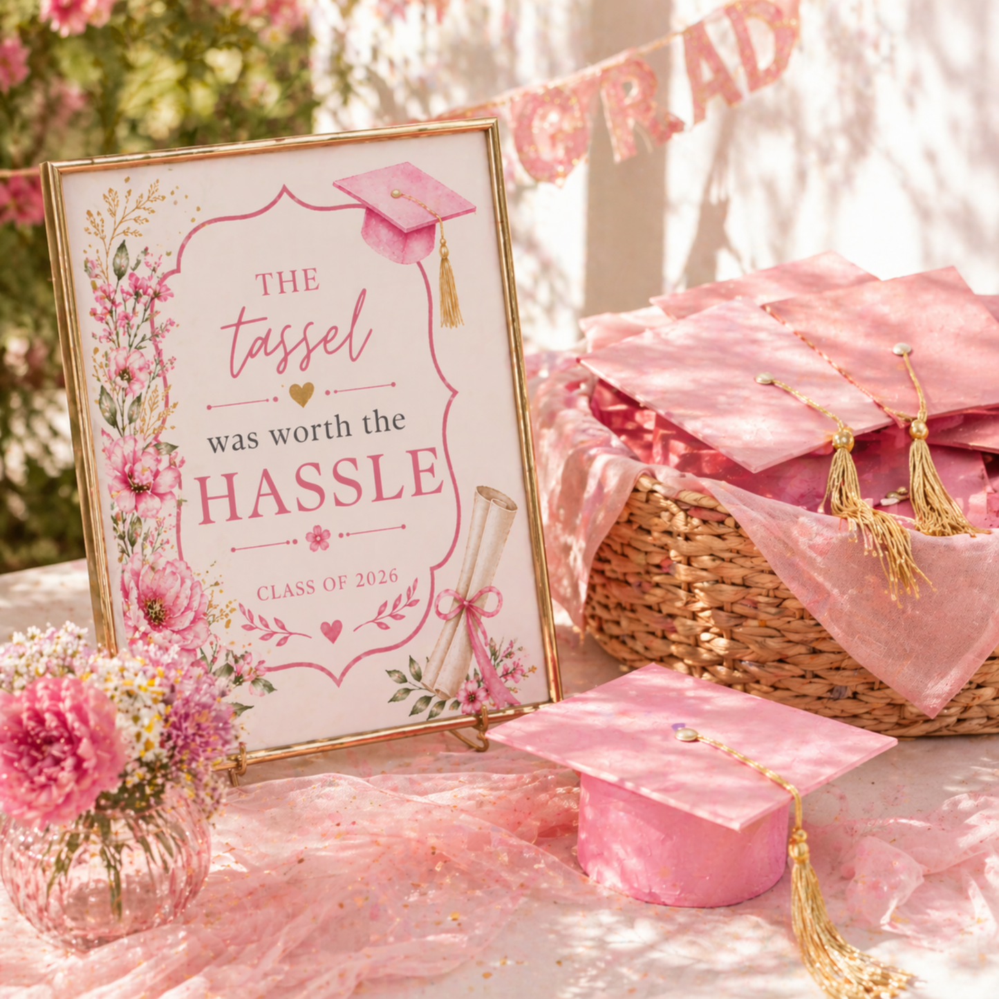 Graduation-themed decor with pink tassel, sign, and flowers on a table.