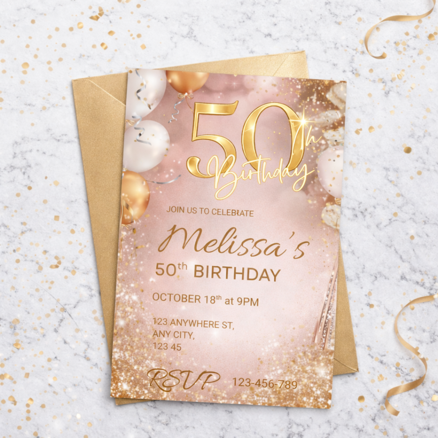 50th birthday invitation card with gold text and balloons on a marble background