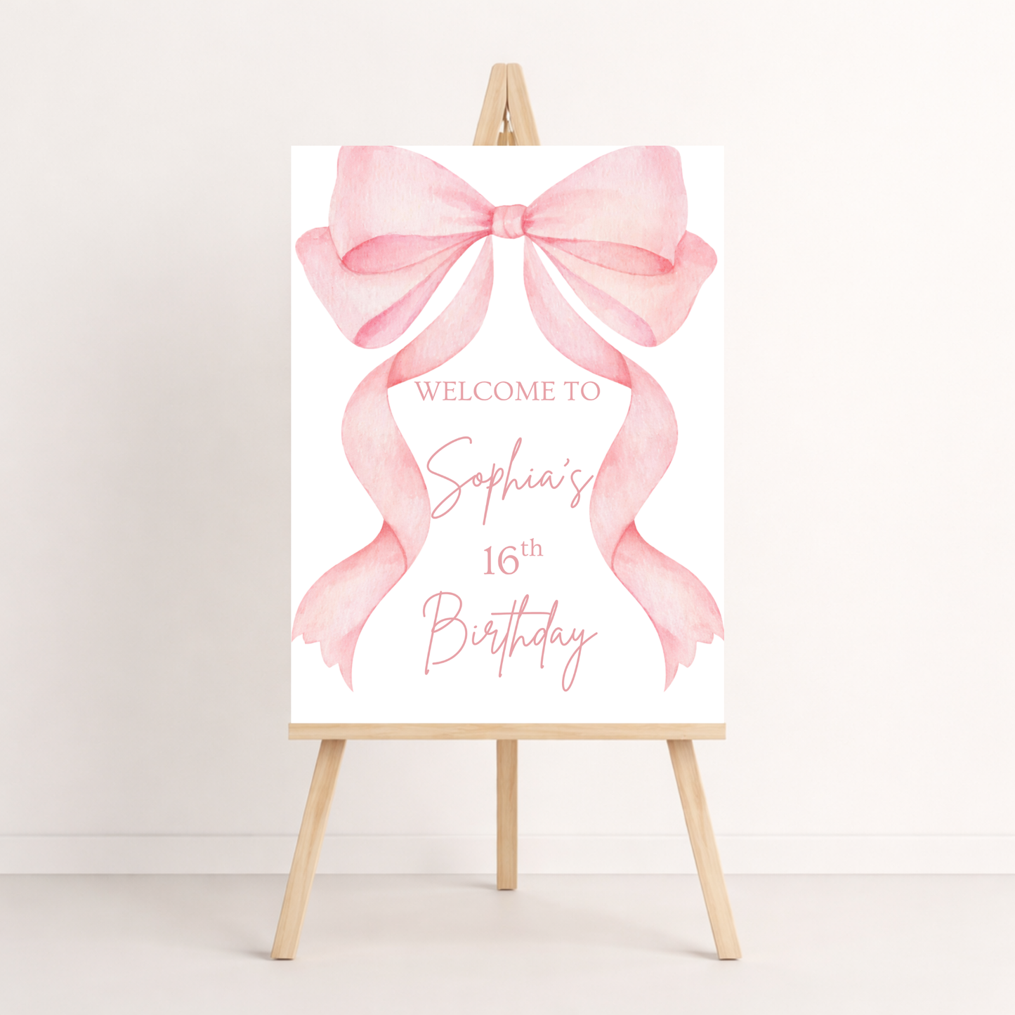 pink coquette bow girls birthday invitation template welcome sign editable in canva instant download digital invite 