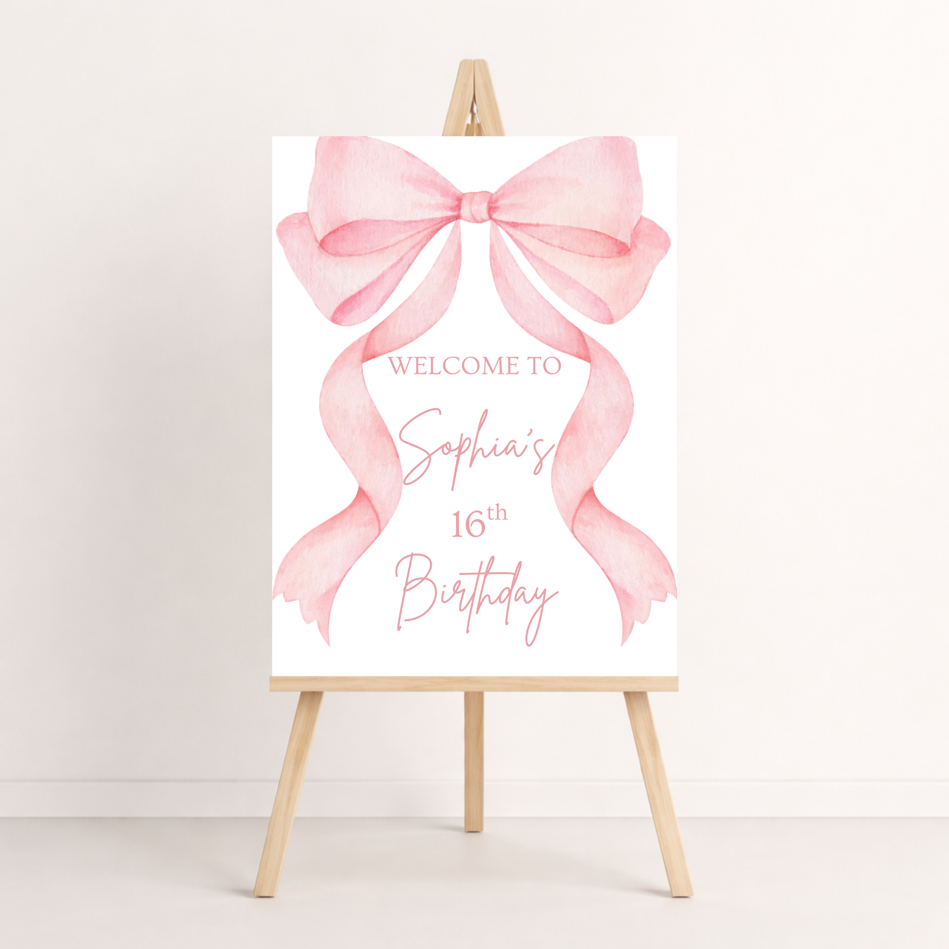 pink coquette bow girls birthday invitation template welcome sign editable in canva instant download digital invite 