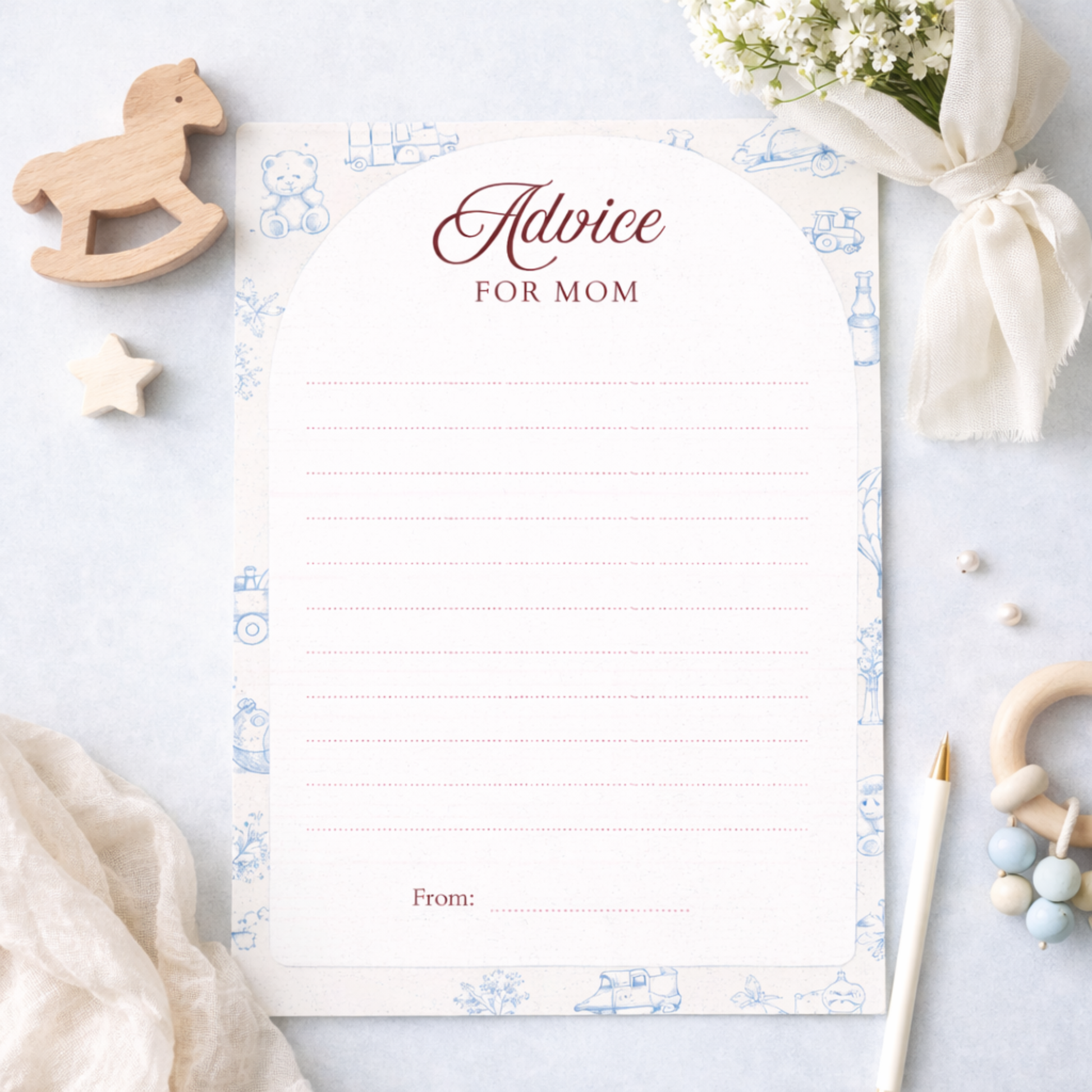 Blue Baby Shower game titled 'Advice for Mom' editable template in canva