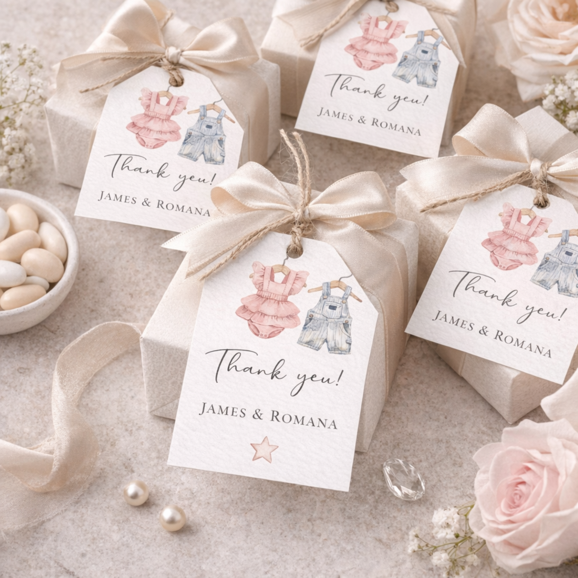 Baby Shower Gift boxes with ribbons and 'Thank you!' tags on a light background