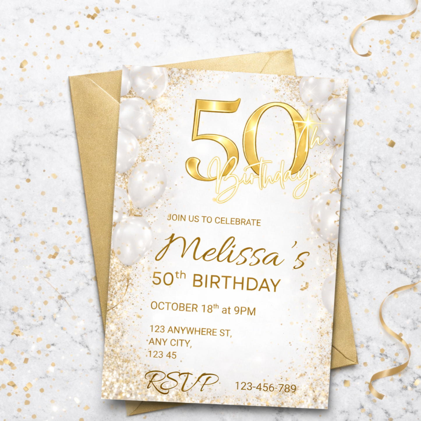 50th birthday invitation card with gold text on a textured surface