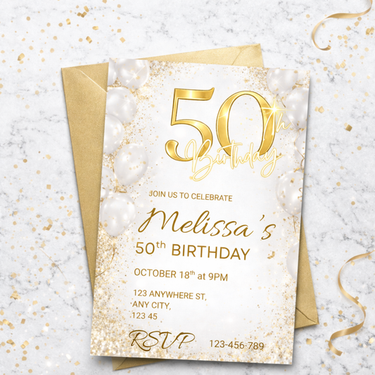 50th birthday invitation card with gold text on a textured surface