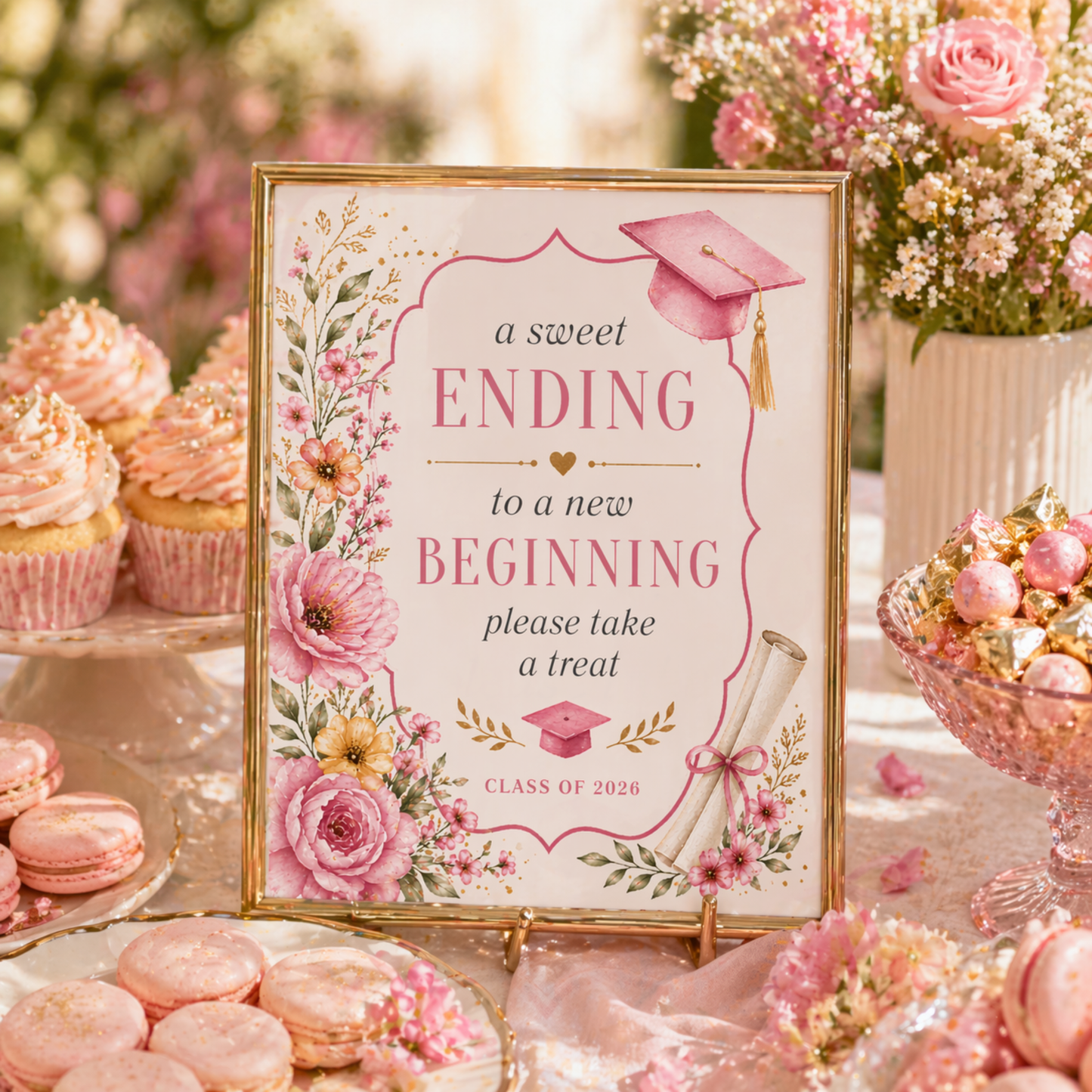 Decorative sign with floral design and graduation theme, surrounded by pink cupcakes and cookies.