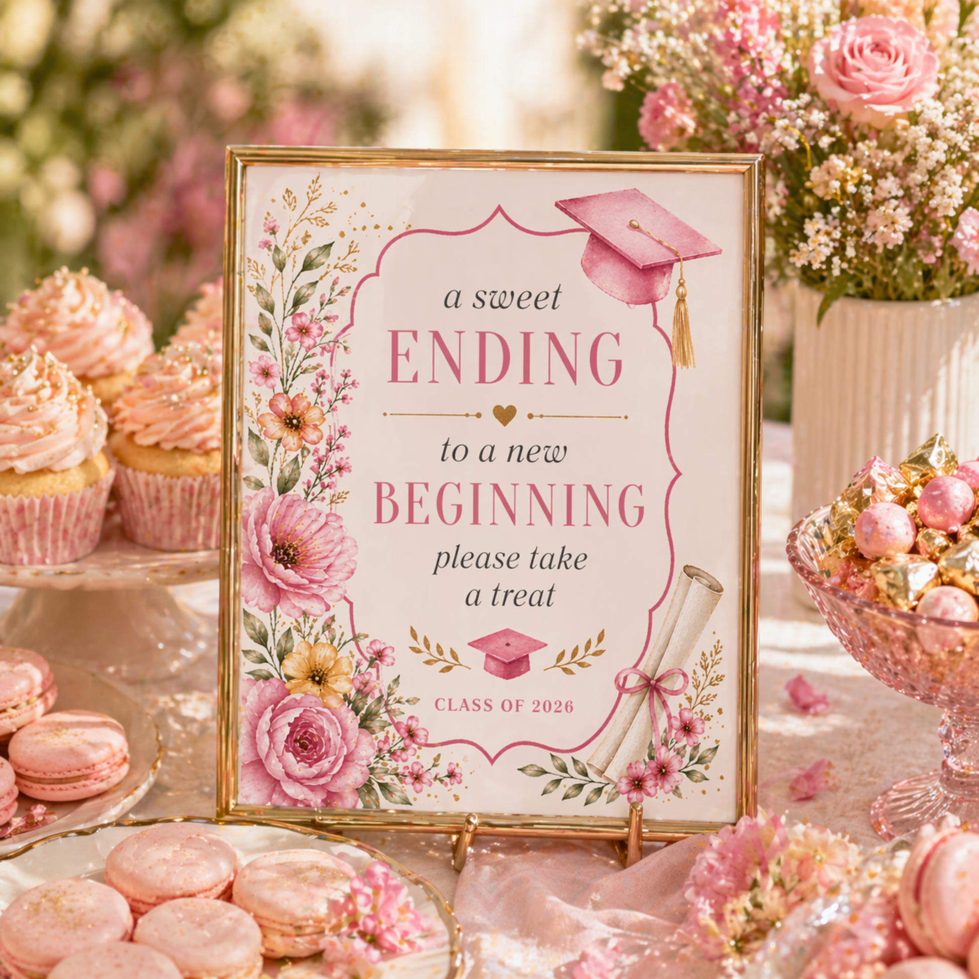 Decorative sign with floral design and graduation theme, surrounded by pink cupcakes and cookies.