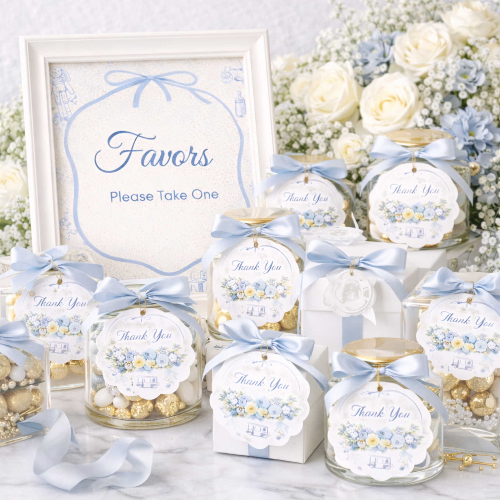 Blue Baby Shower favors with 'Thank You' labels on a marble surface with flowers in the background.