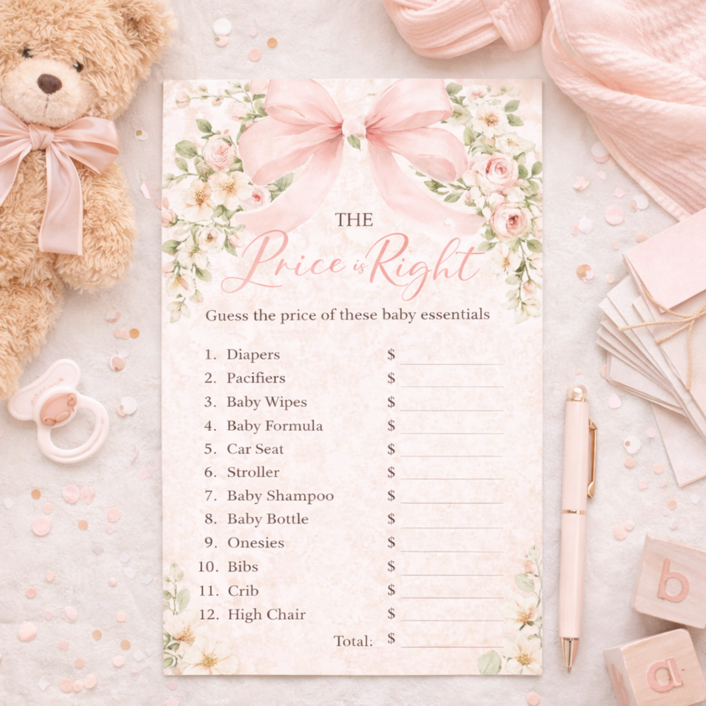 Baby Girl Shower Invitation Template | Pink Bow Floral Baby Shower Invite Editable Bundle Kit