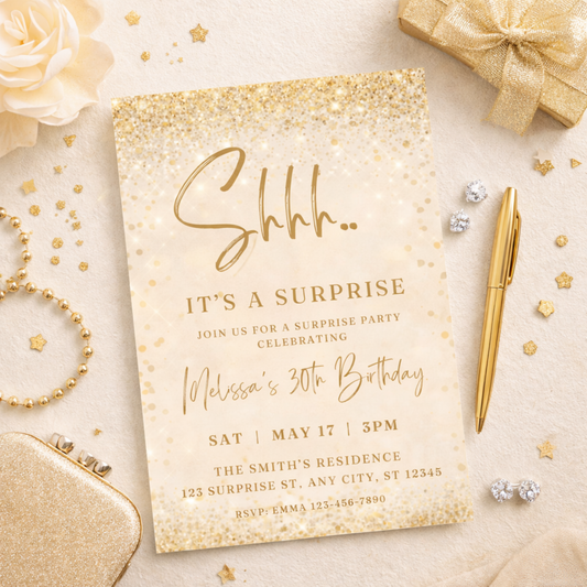 Gold glittery birthday invitation card with decorative items on a light background