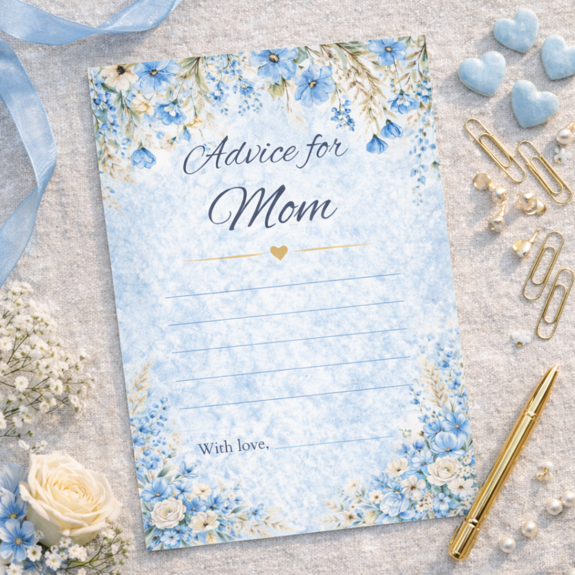 Floral-themed 'Advice for Mom' game card on a textured surface with decorative items.