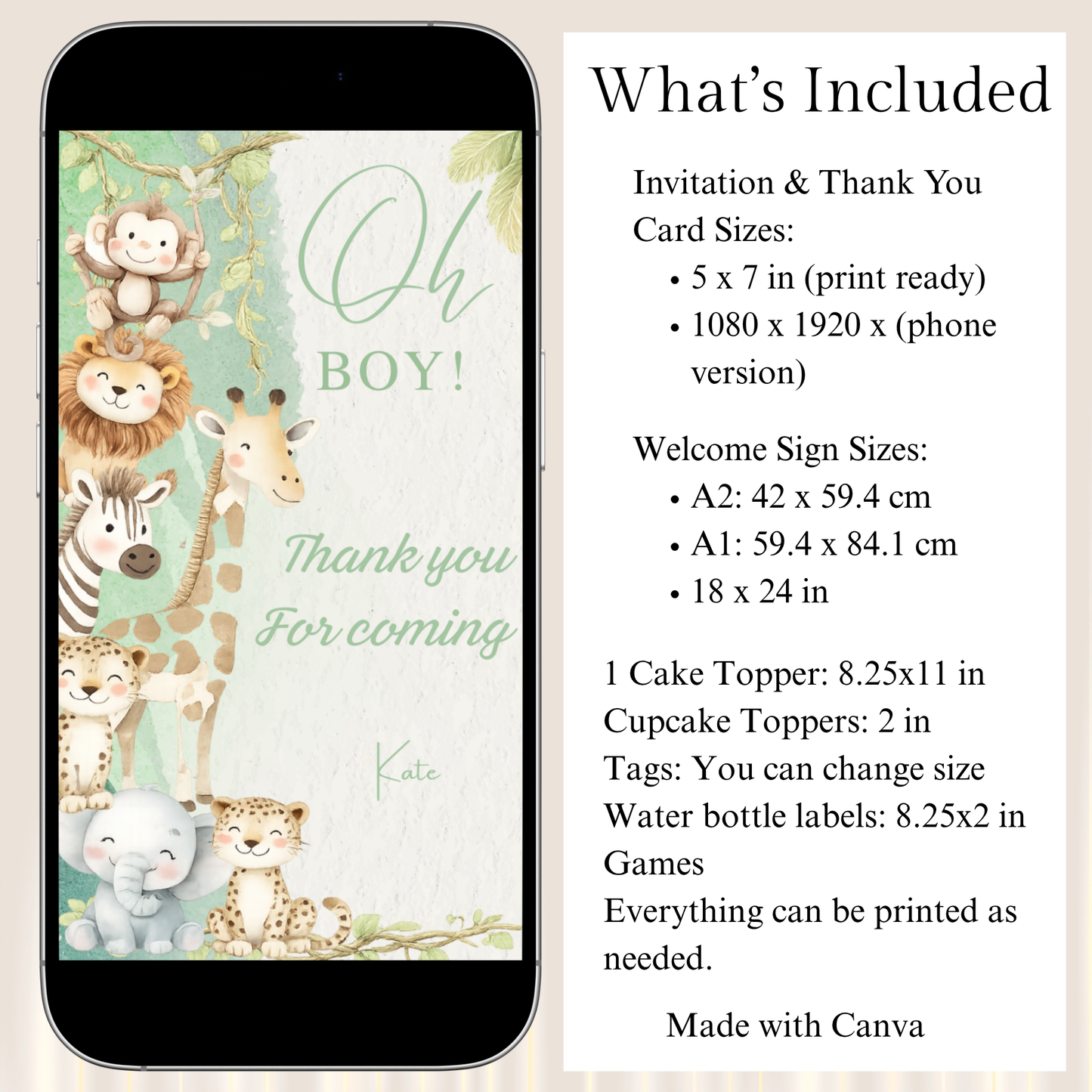 Safari  Baby Shower Invitation Template | Oh Boy Jungle Baby Boy Baby Shower Invite Editable Bundle Kit