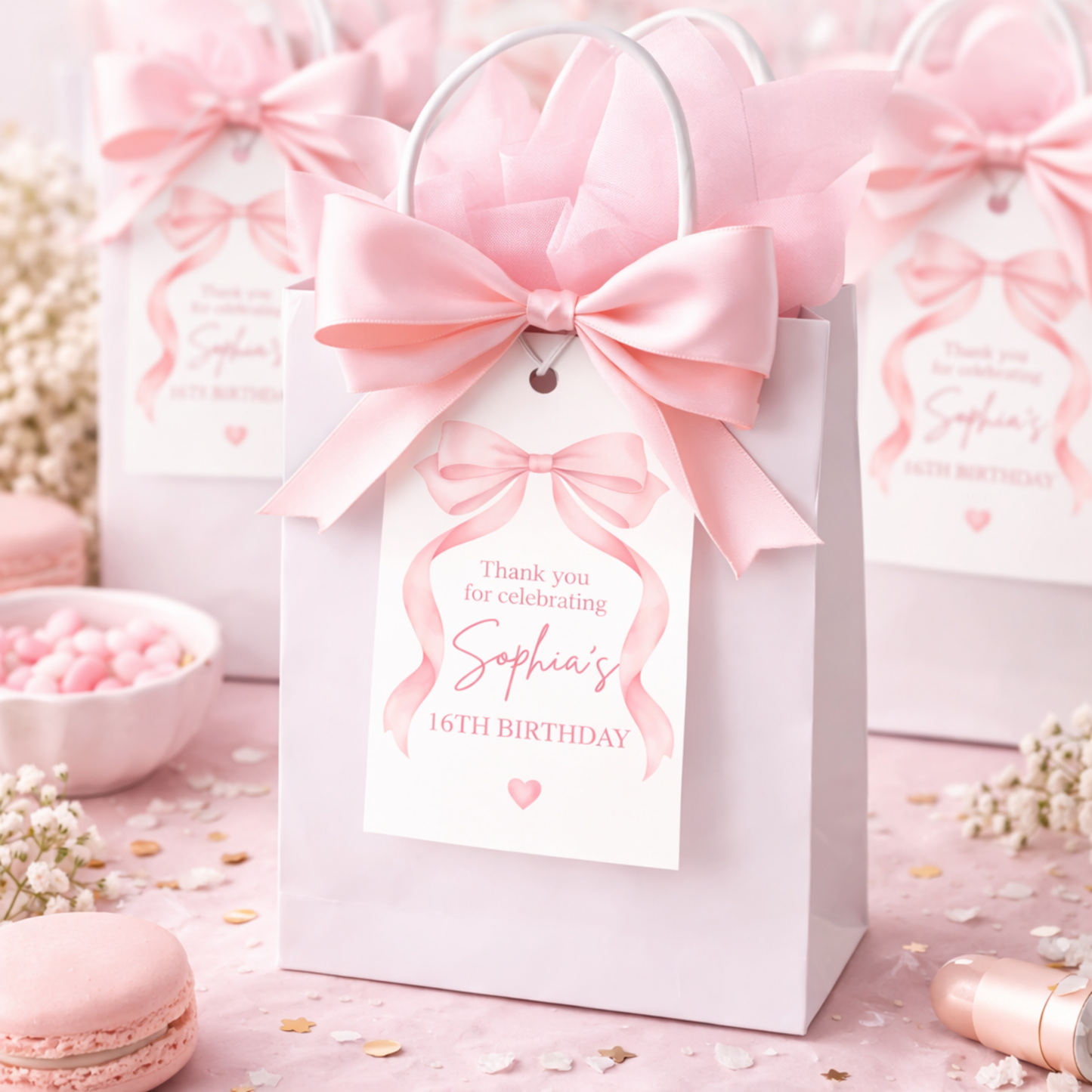 pink coquette bow girls birthday invitation template favor tags editable in canva instant download digital invite 