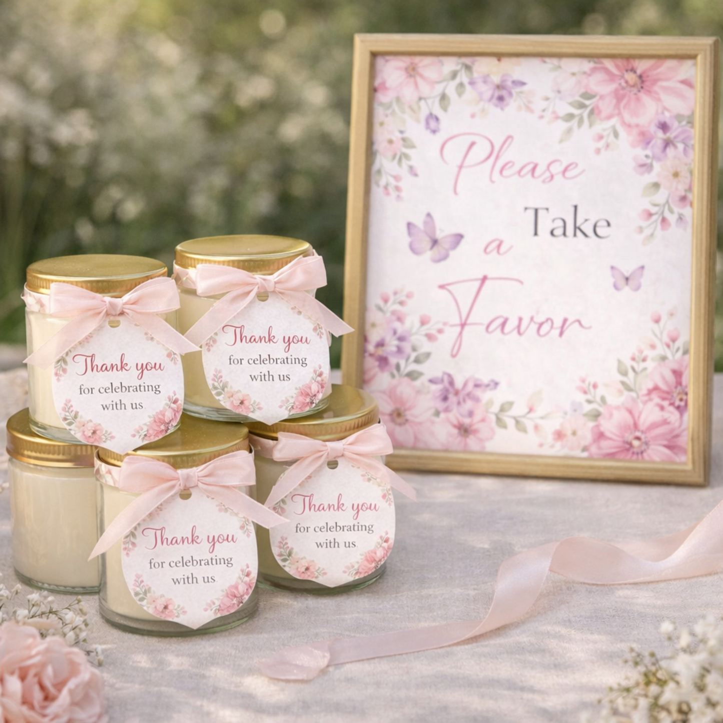 Set of candles with 'Thank you for celebrating with us' tags next to a 'Please Take a Favor' sign with floral design.