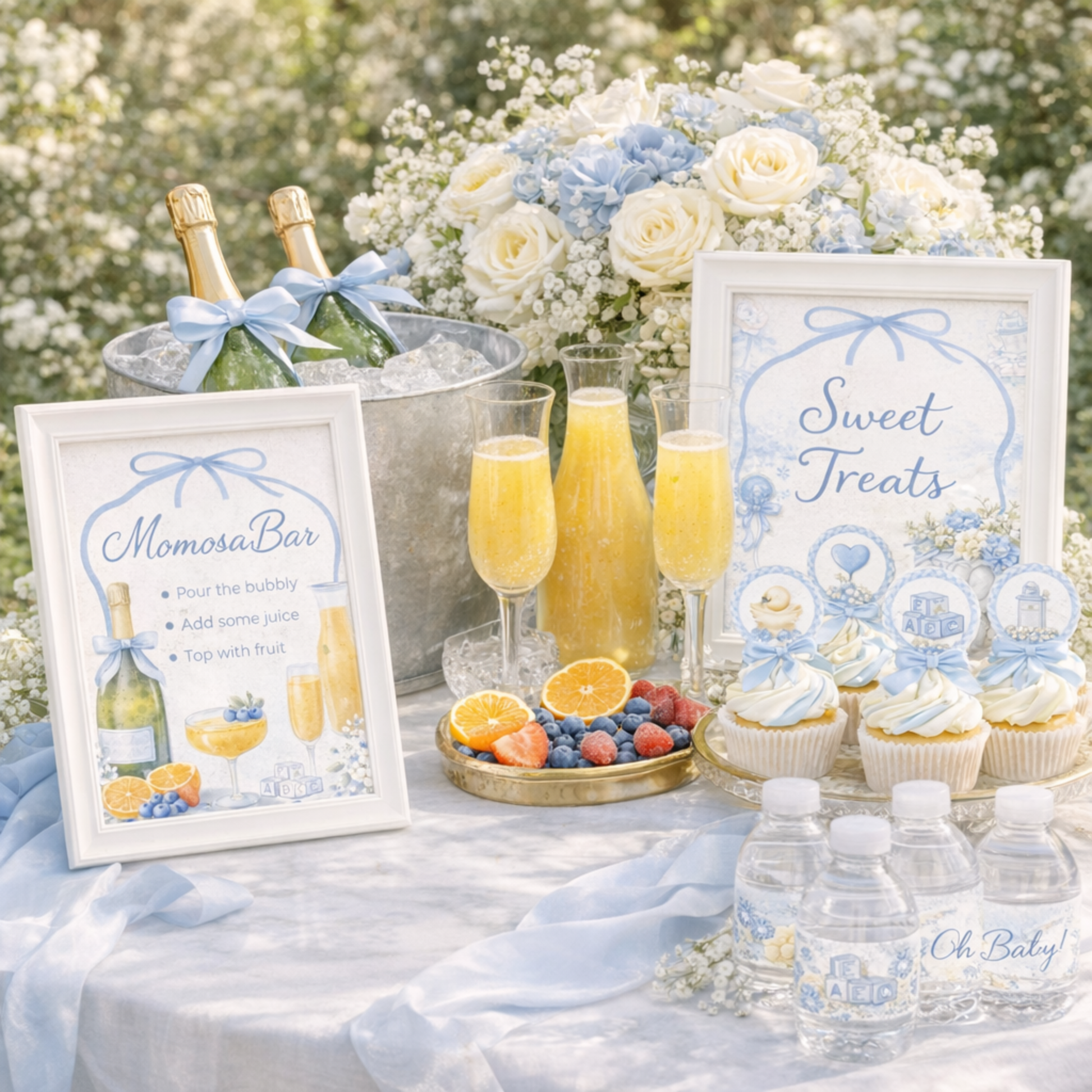 Momosas bar setup with bottles, glasses, and cupcakes on a table outdoors, blue baby shower themed templates editable in canva